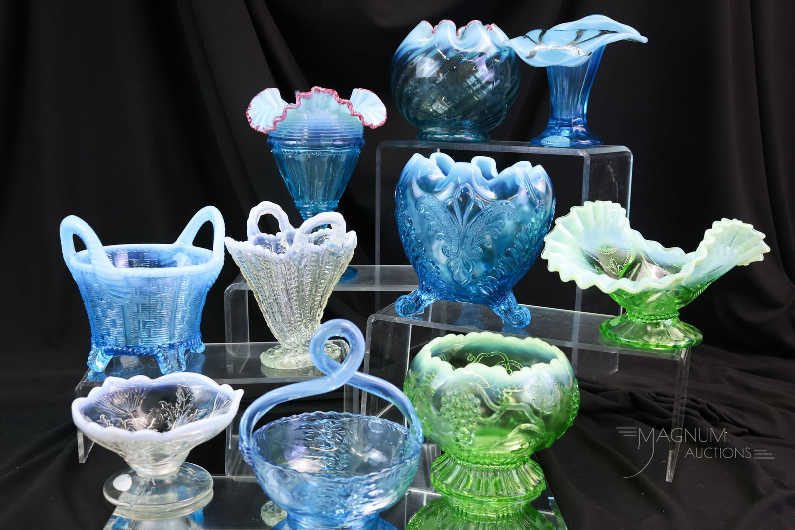 10 pc Lot Victorian Opalescent Glass Treasures: A lovely array of Victorian opalescent glass treasures to behold for your collection. This lot offers examples in white, green, and blue opal. The tallest measures 7".