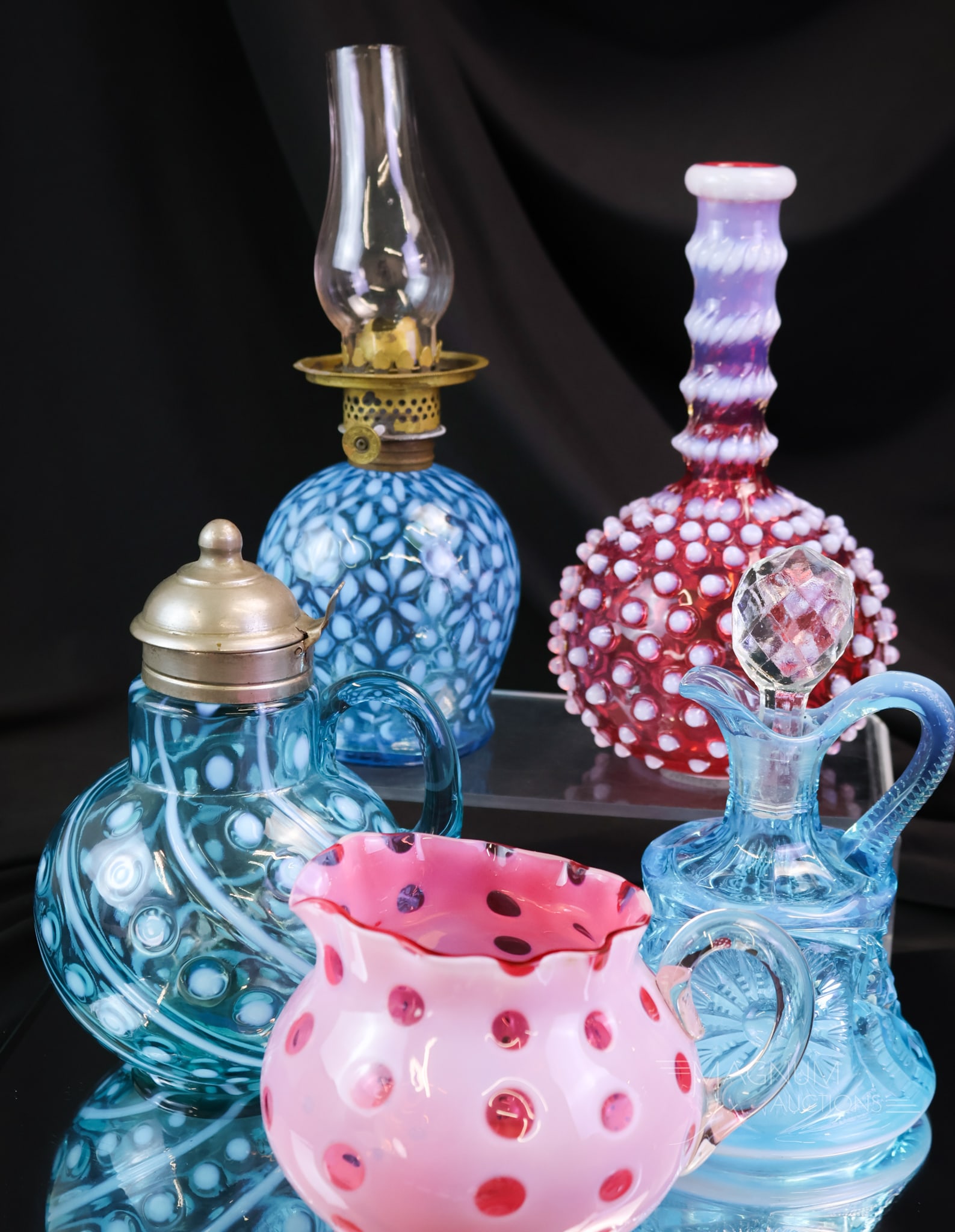 5 pc Lot Victorian Hobbs Northwood Opalescent Goodness: Five pieces of delightful Victorian opalescent collectible glass. This lot includes a Hobbs cranberry opalescent barber bottle. A cranberry opal Coinspot & Swirl syrup and West Virginia Polka Dot