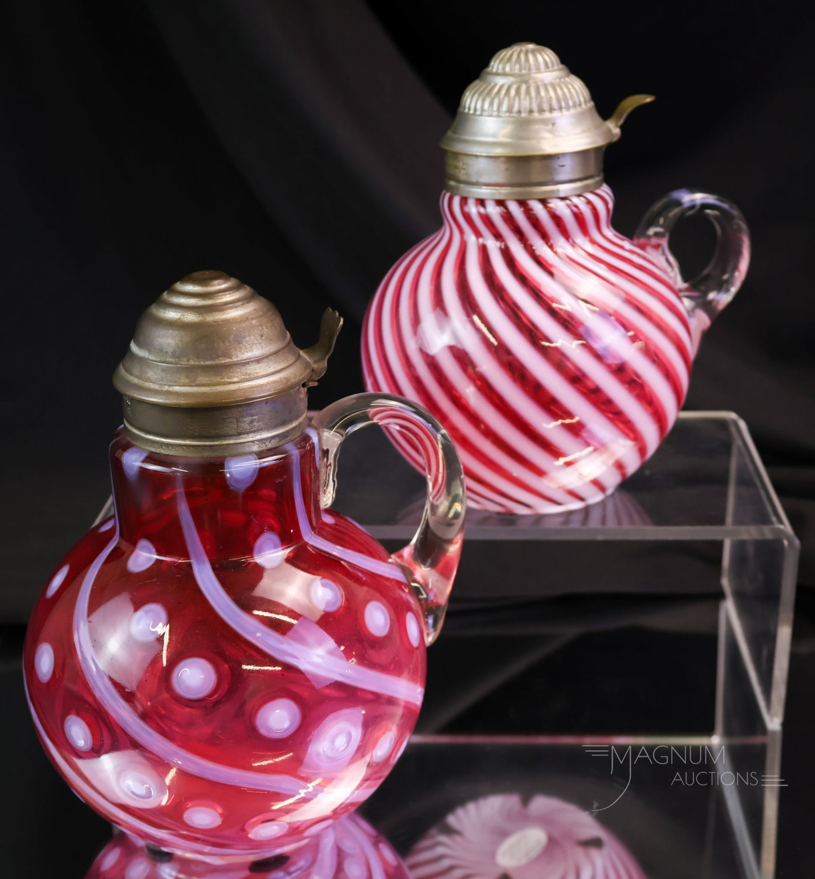 2 pc Lot Cranberry Opalescent Victorian Glass Syrup Pitchers (1 of 10)