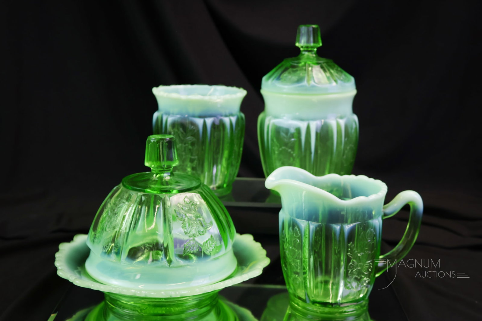 4 pc Green Opalescent Dolly Madison Victorian Glass Table Set (1 of 13)