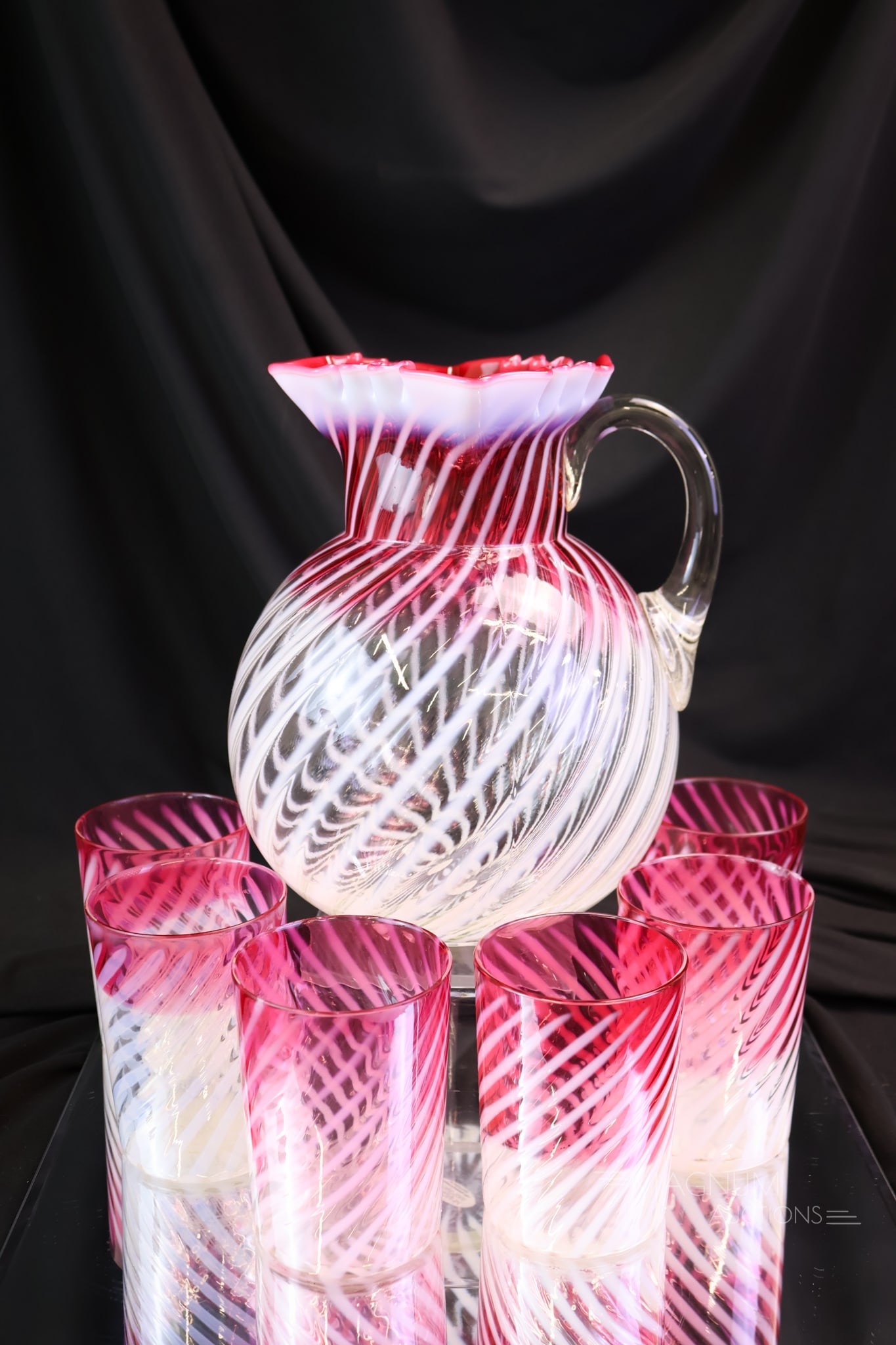 7 pc Northwood Cranberry Opalescent Swirl Water Set (1 of 11)