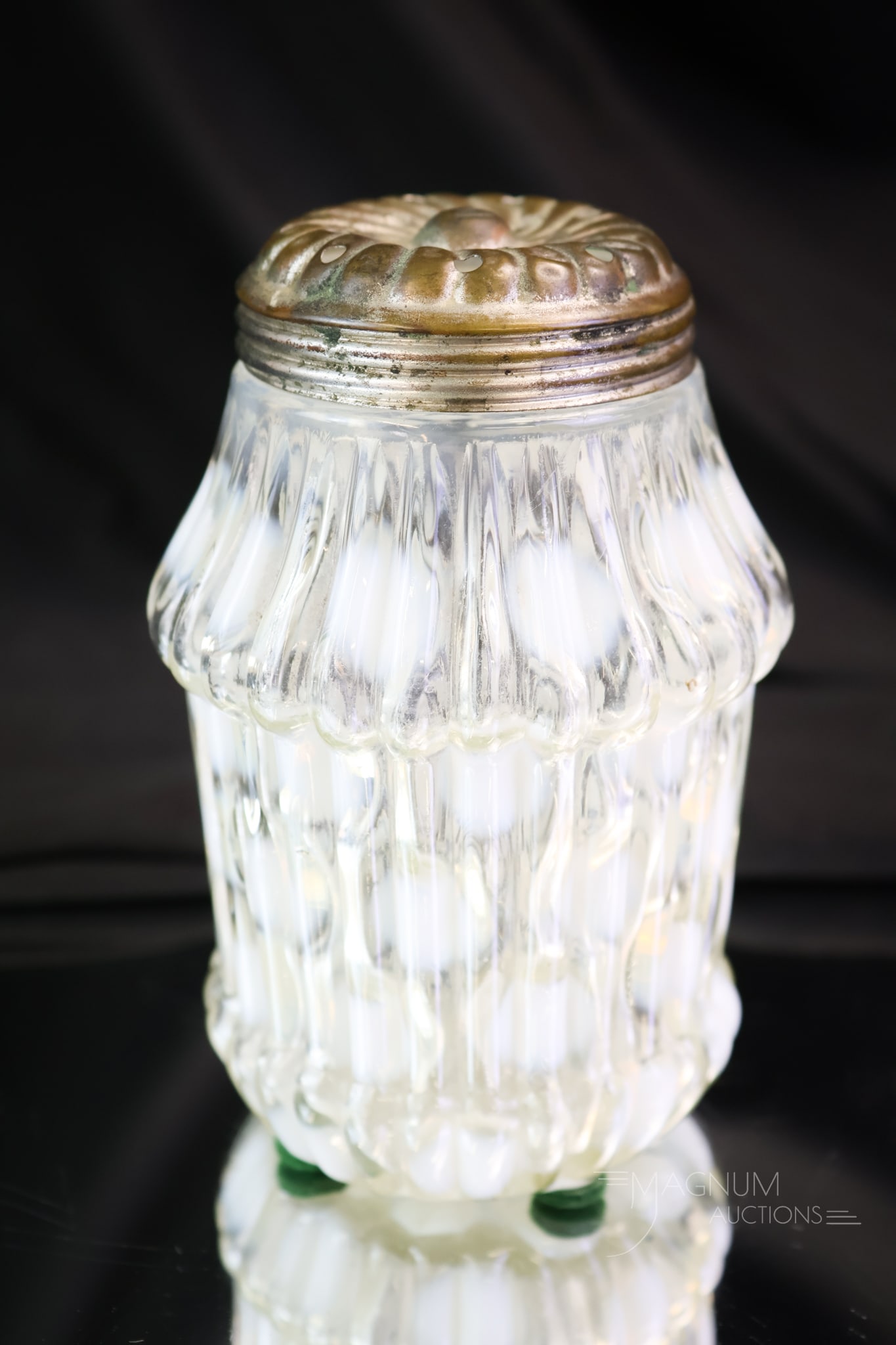 Scarce Northwood Opalescent Ribbed Coinspot Victorian Sugar Shaker: A scarce fid in opalescent glass. This is a Ribbed Coinspot sugar shaker in crystal opalescent. This example has bright white opal and nice pattern placement. The shaker measures 4 1/2" tall.
