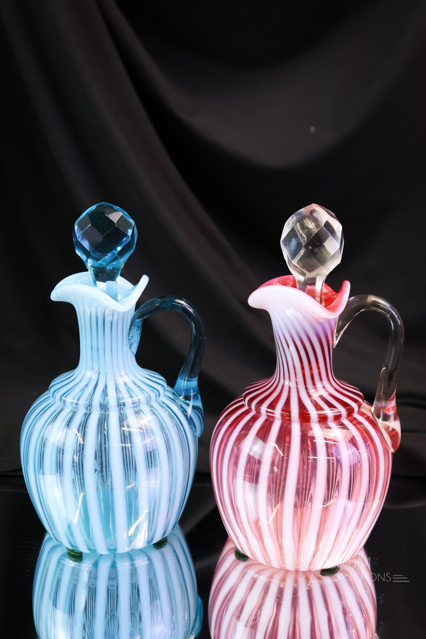 2 pc Lot Victorian Opalescent Stripe Glass Cruets Cranberry & Blue (1 of 5)