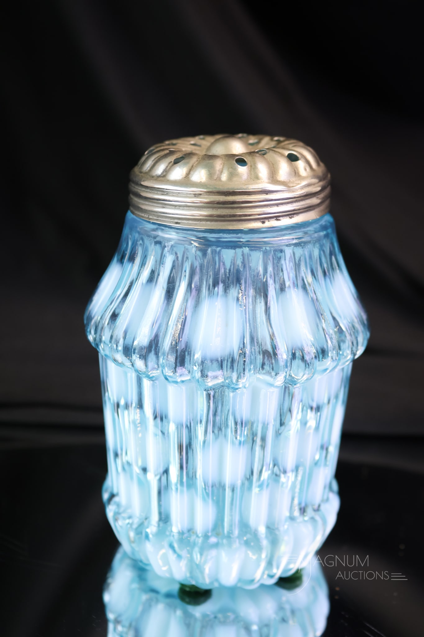 Northwood Blue Opalescent Victorian Ribbed Coinspot Sugar Shaker (1 of 4)