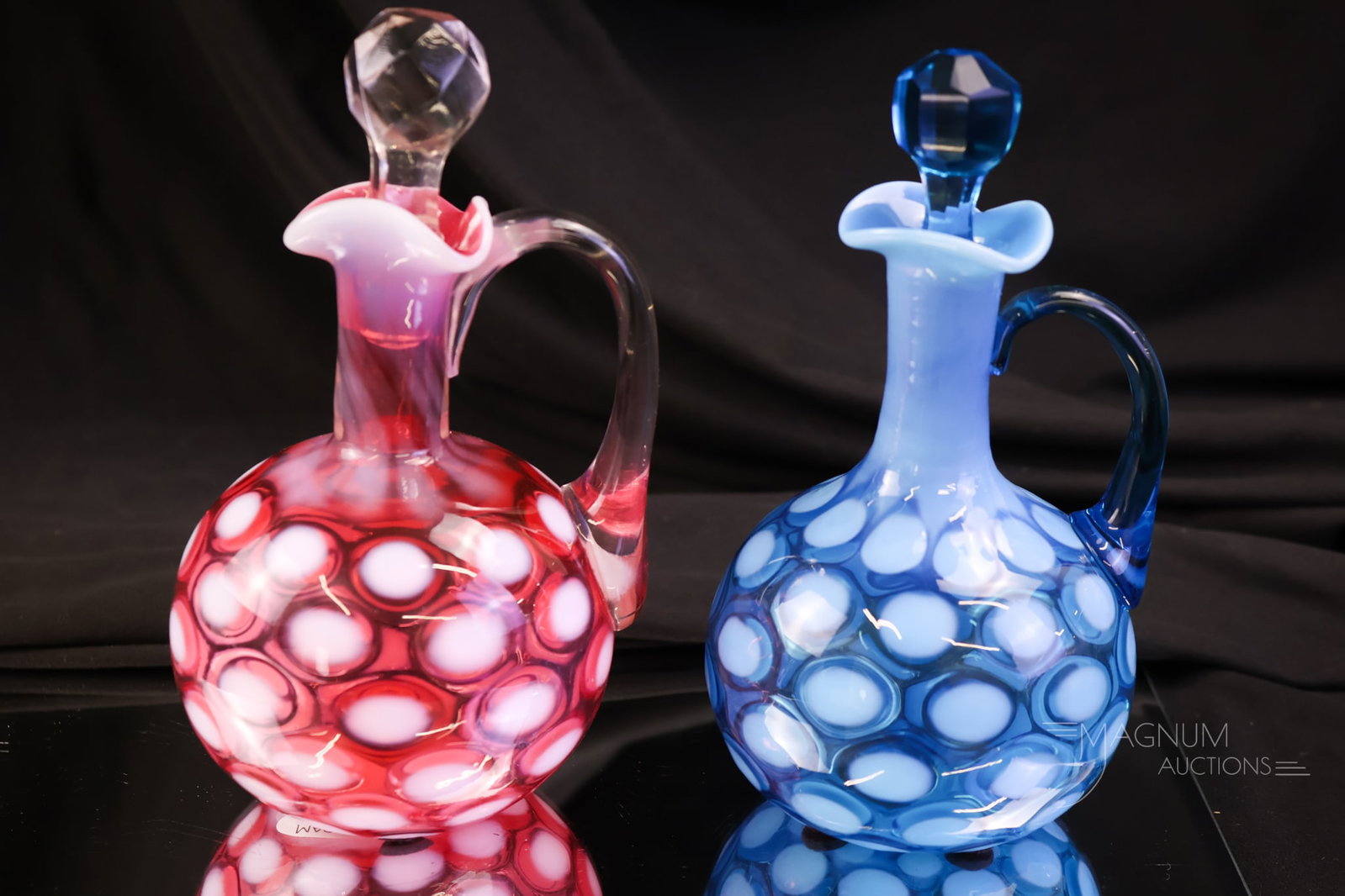 2 pc Lot Hobbs Victorian Opalescent Glass Cruets Cranberry & Blue (1 of 6)