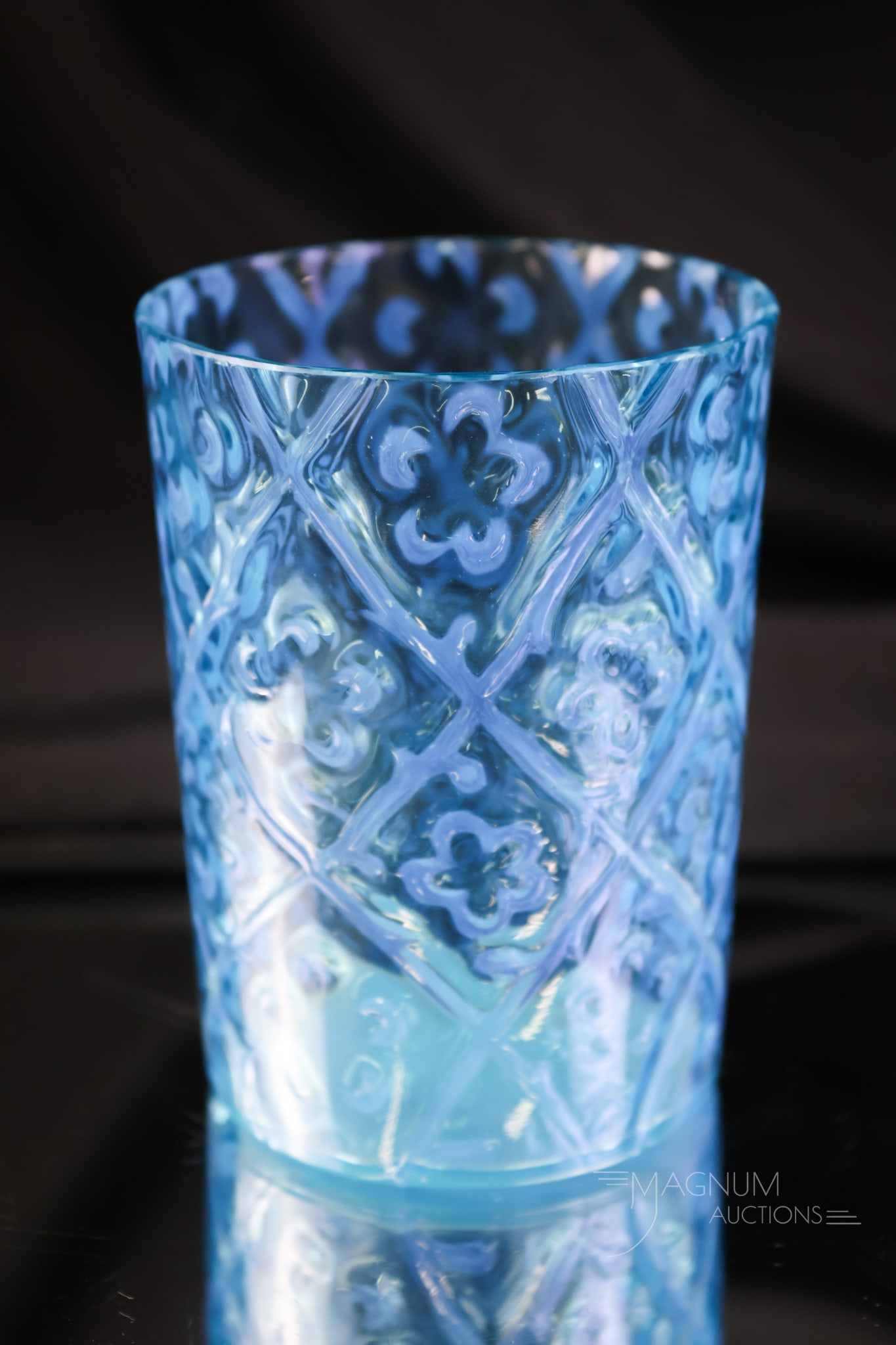 Scarce Blue Opalescent Victorian Daisy in Criss Cross Glass Tumbler (1 of 5)