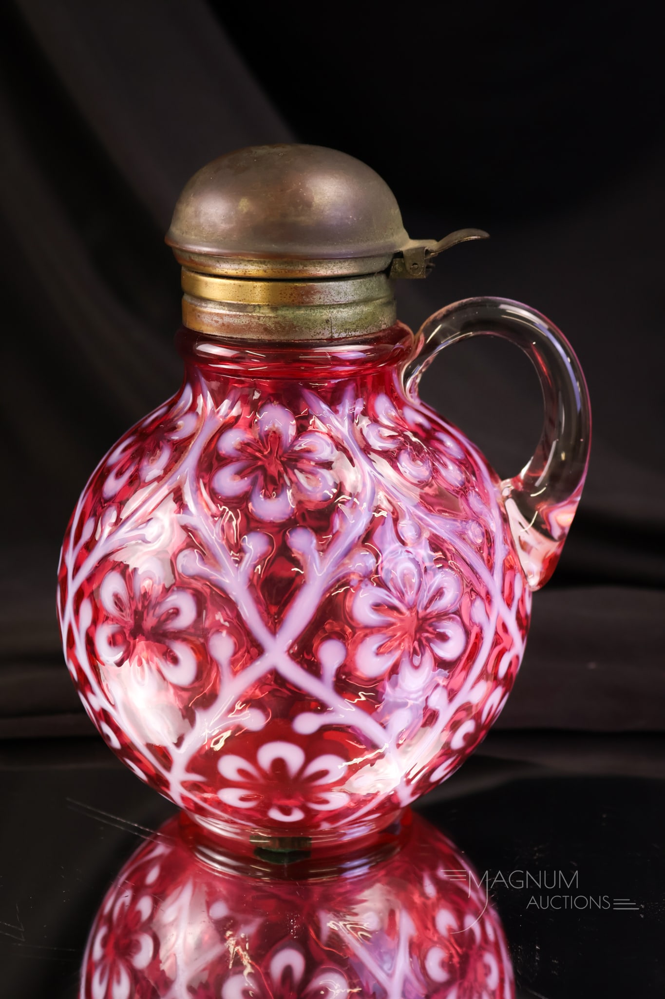 Scarce Cranberry Opalescent Daisy in Criss Cross Victorian Syrup Pitcher (1 of 5)