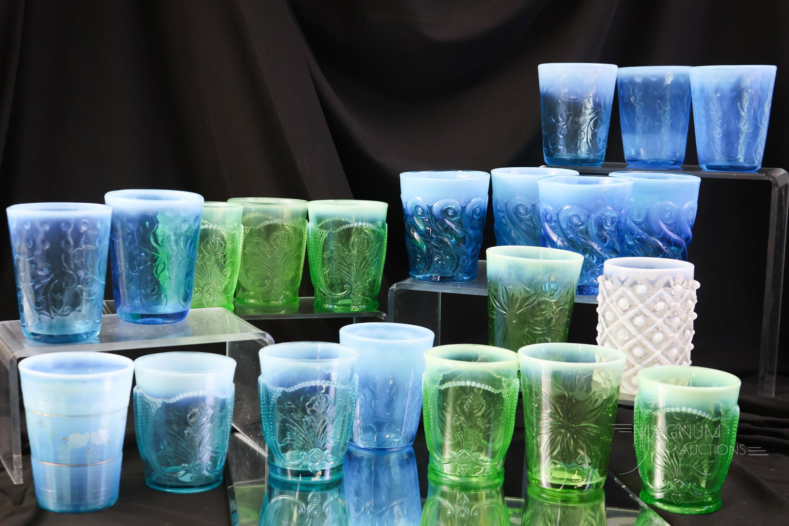 21 pc Lot Pressed Opalescent Glass Victorian Tumblers Uranium & More (1 of 6)