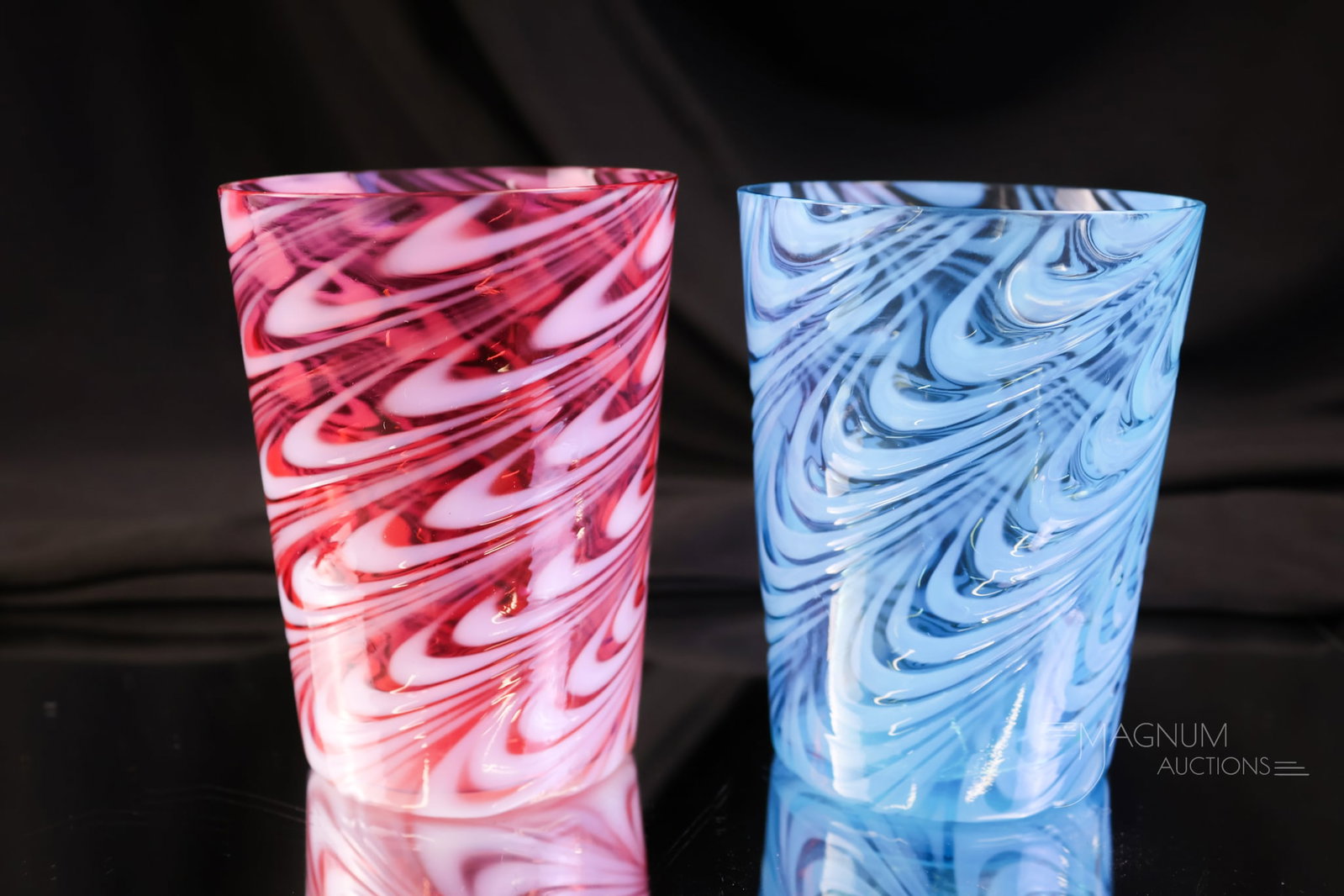 2 pc Lot Northwood Opalescent Victorian Blow Twist Tumblers Cranberry & Blue (1 of 4)