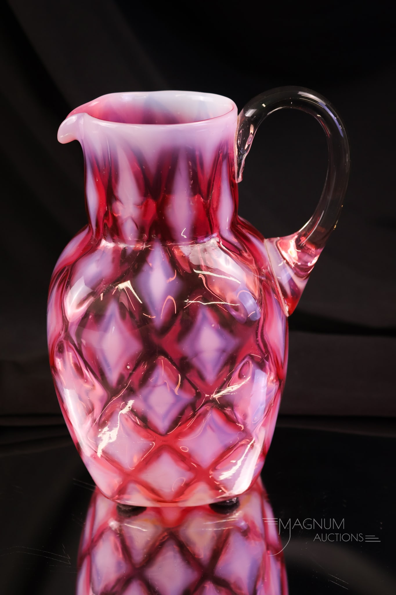 Rare Cranberry Opalescent Phoenix Large Diamonds Milk Pitcher: A rare find in a milk pitcher. This is a large opal diamond in a square Phoenix shape. This milk pitcher has great color and opal. Rarely seen or heard of! This pitcher measures 6 3/4" tall and 4 3/4"