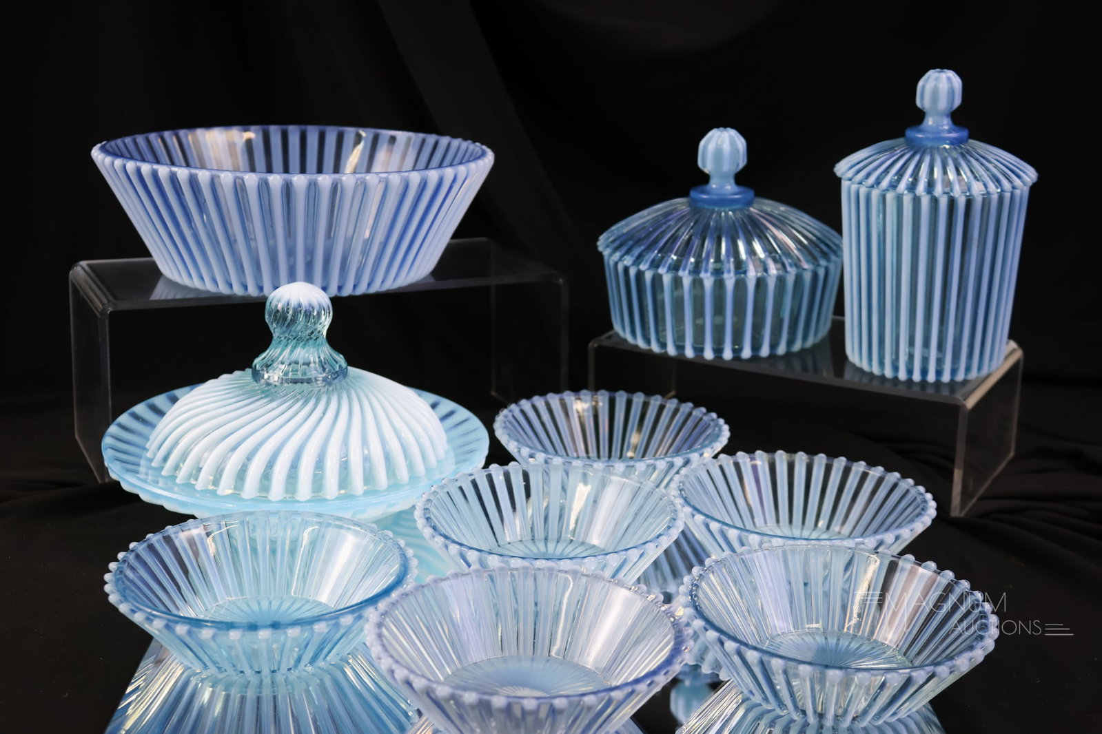 10 pc Lot Victorian Blue Opalescent Beatty Victorian Glass: Ten collection-enhancing finds in Victorian Beatty blue opalescent glass. There is a nearly complete berry set in the mix. The tallest measures 5 1/2". The butterdish exhibits a few nicks to the flang