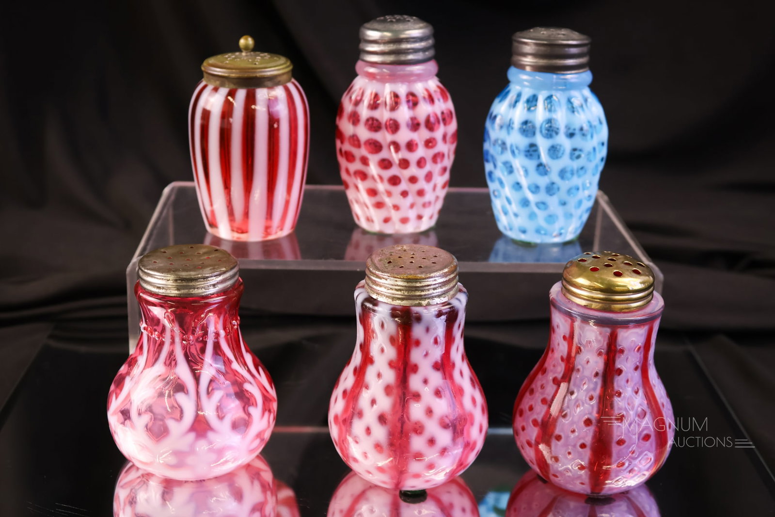 6 pc Lot Victorian Opalescent Glass Salt Shakers Consolidated Northwood Hobbs (1 of 8)