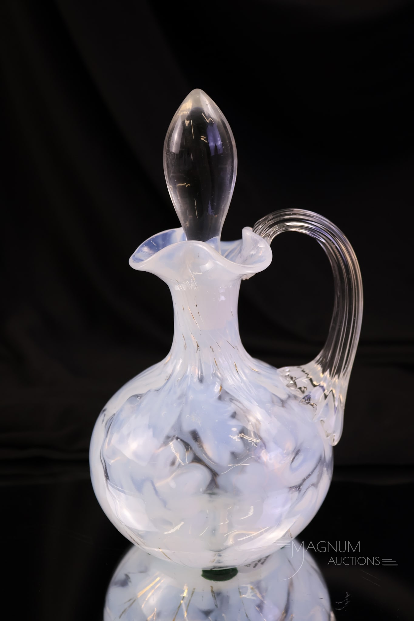 Rare Phoenix Victorian Scottish Moor Opalescent Cruet: A rare find attributed to Phoenix glass. This is a Scottish Moor pattern cruet in white opal. This fine cruet has light gilt decoration. A rare piece for your collection! The cruet measures 6 1/2" tal