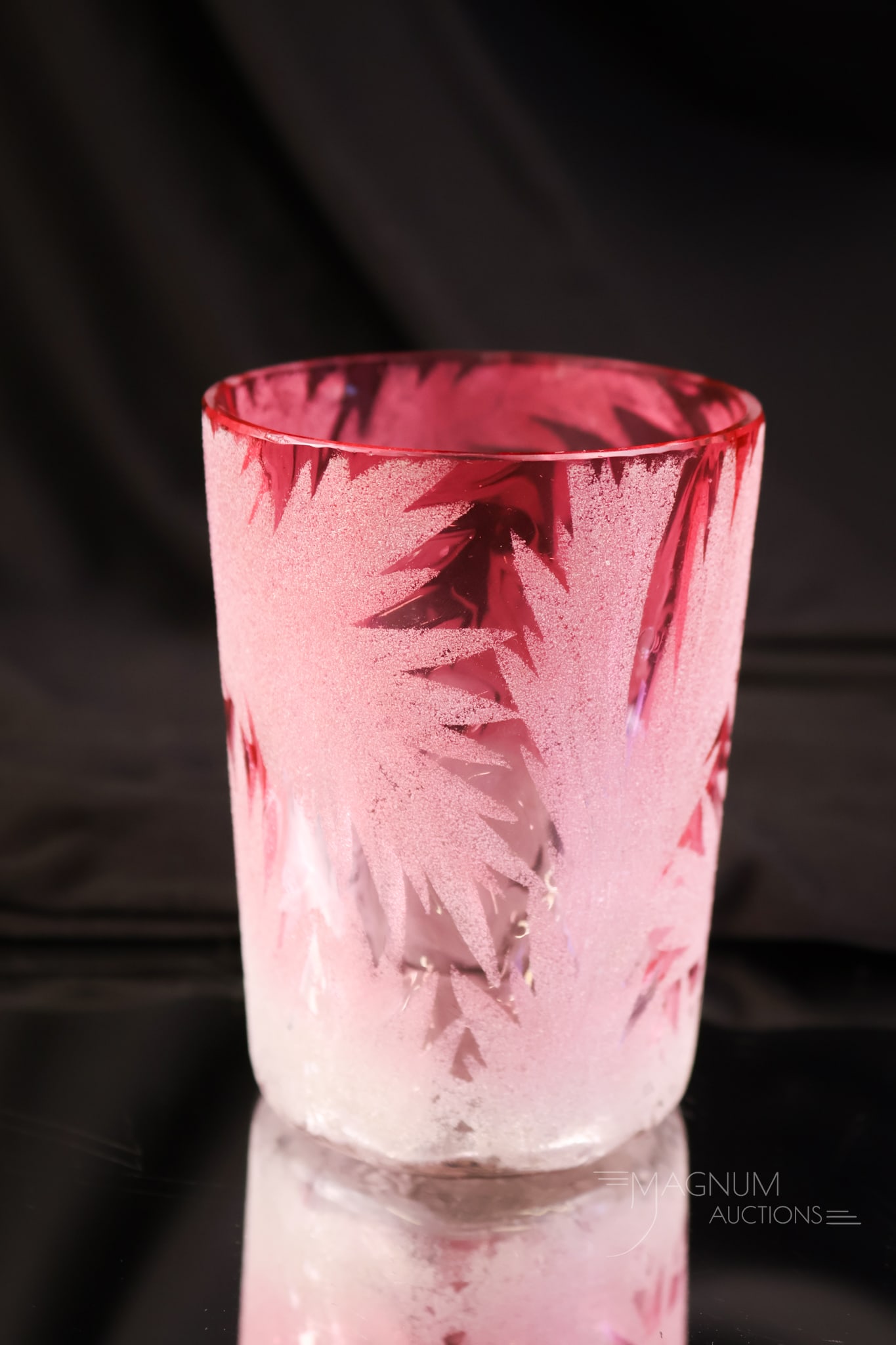 Scarce Cranberry Rubina Overshot Scottish Moor Victorian Glass Tumbler: A tumbler you seldom see in this scarce pattern. This is a cranberry rubina overshot Scottish Moor tumbler. This fine example has great color and texture. The piece measures 3 3/4" tall and 2 5/8" wid