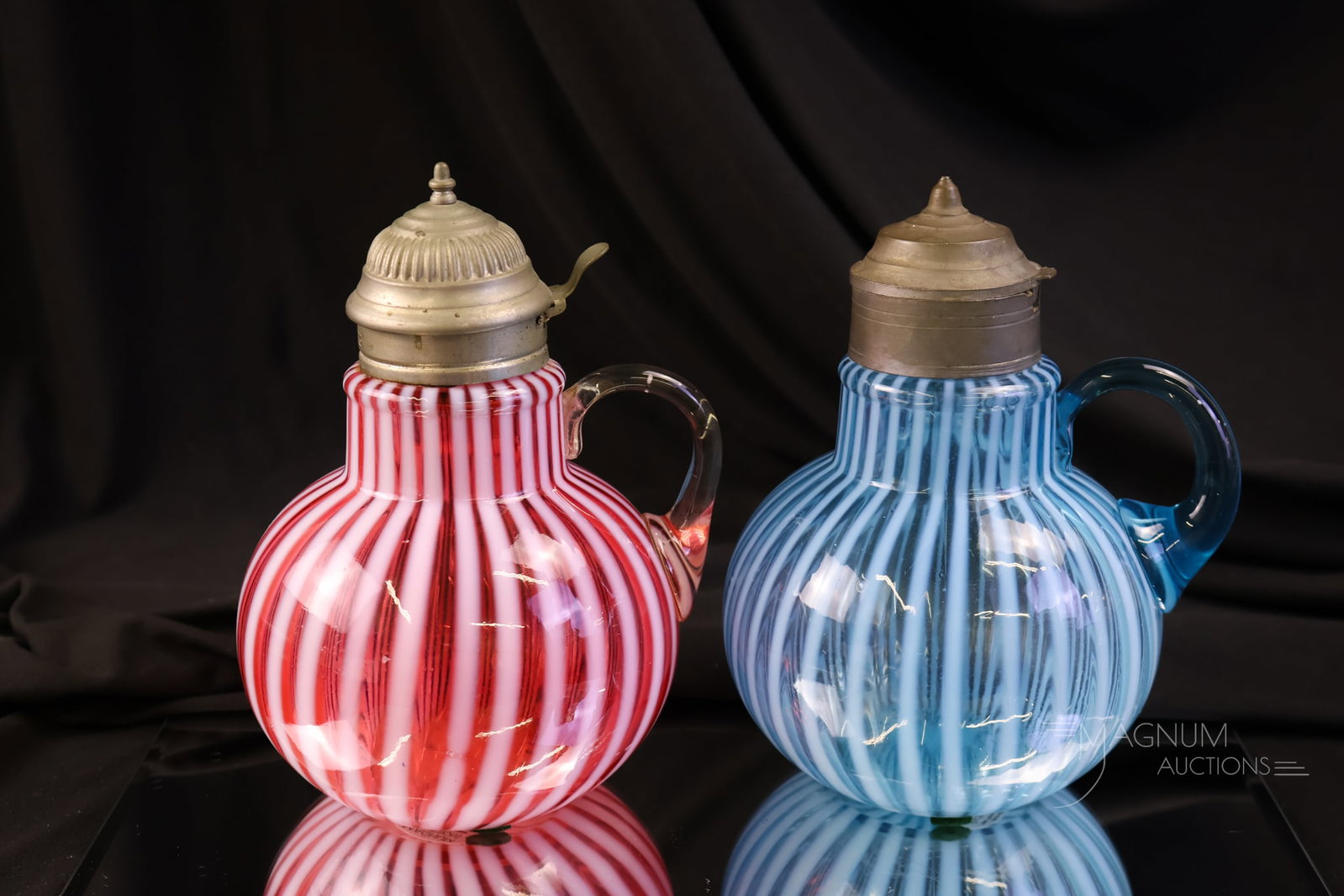 2 pc Lot Victorian Opalescent Glass Stripe Northwood Syrup Pitchers (1 of 13)