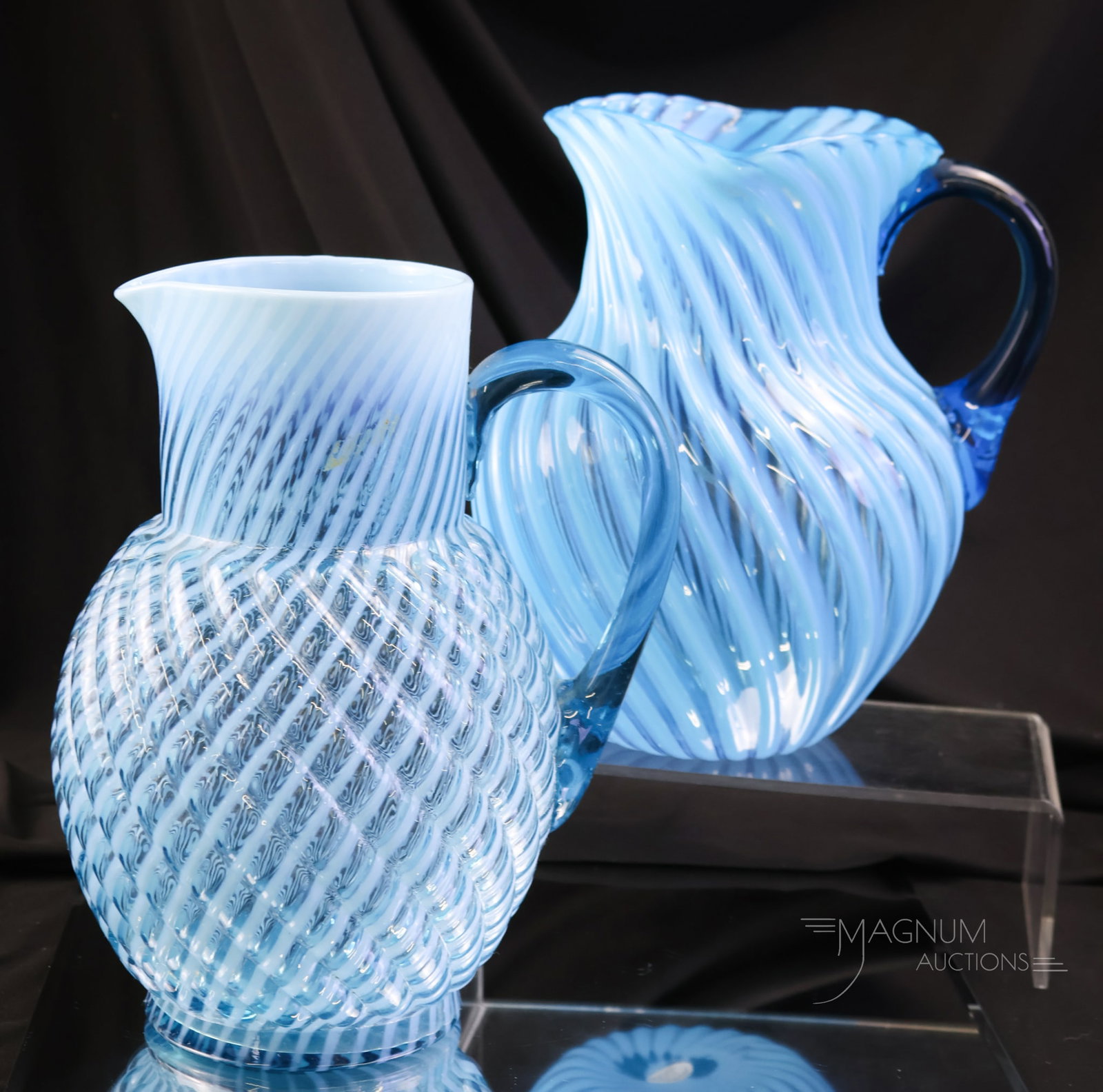 2 pc Lot Blue Opalescent Victorian Glass Water Pitchers Hobbs Buckeye (1 of 11)