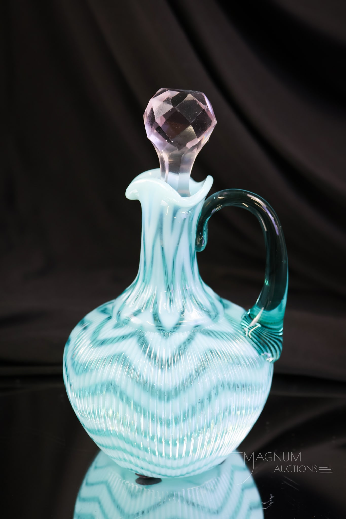 Northwood Blue Opalescent Victorian Ribbed Herringbone Glass Cruet (1 of 5)
