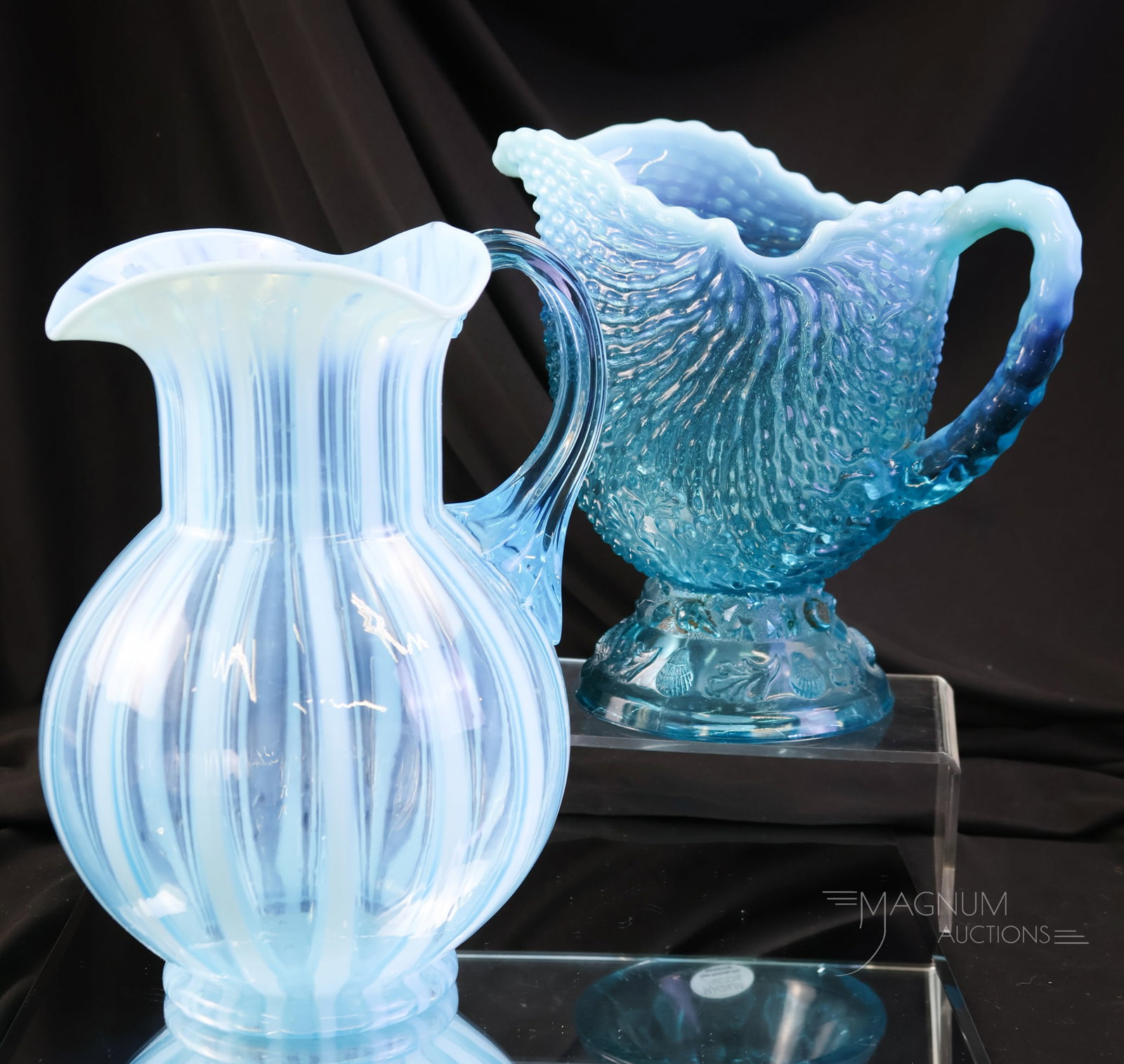 2 pc Lot Victorian Blue Opalescent Glass Water Pitchers (1 of 12)
