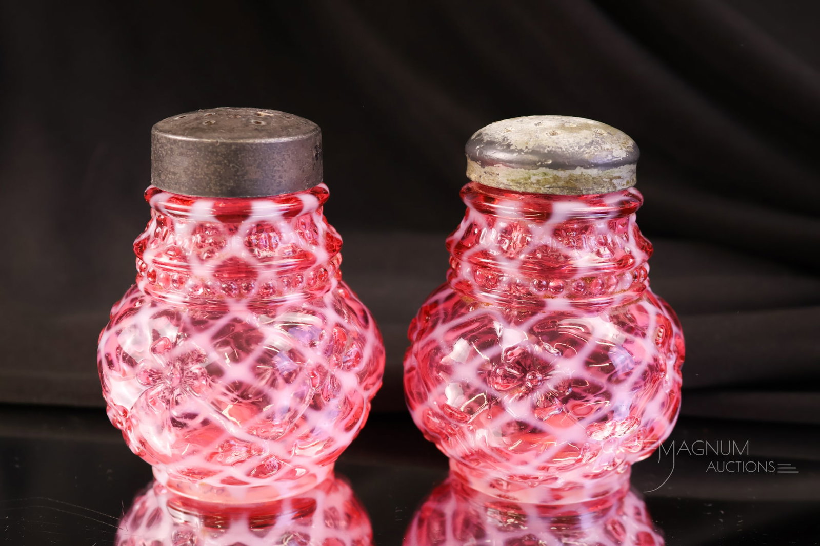 Scarce Pair Northwood Cranberry Opalescent Lattice Phlox Salt Shakers (1 of 5)