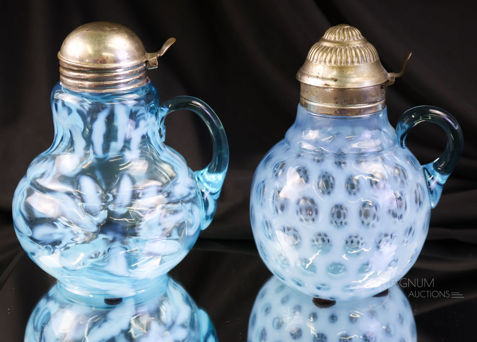 2 pc Lot Victorian Blue Opalescent Glass Northwood Syrup Pitchers (1 of 6)