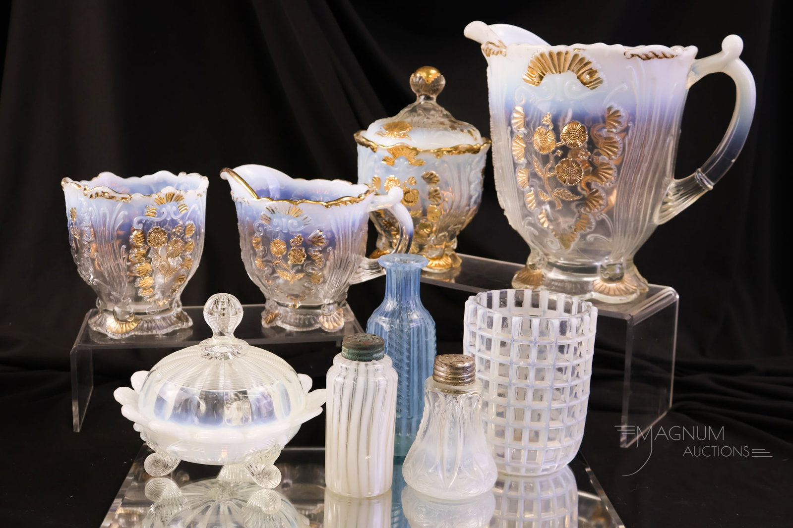 9 pc Lot Victorian Opalescent Glass Northwood Beatty & More: Nine pleasurable finds in Victorian opalescent glass that are sure to add to your collection. This lot includes various forms and patterns alike. The tallest measures 8".