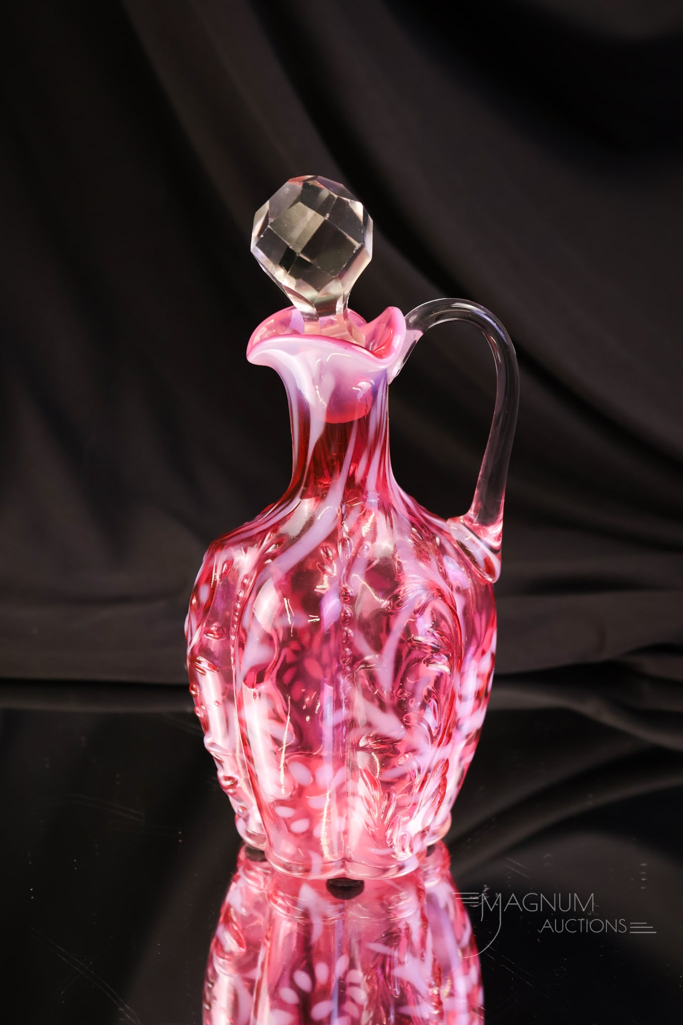 Very Rare Northwood Cranberry Opalescent Panelled Sprig Victorian Glass Cruet: A very rare find in Victorian Northwood glass. This is a Panelled Sprig mold cruet with the opalescent pattern Daisy & Fern on it! A rare find and possibly the only known example! This cruet measures 