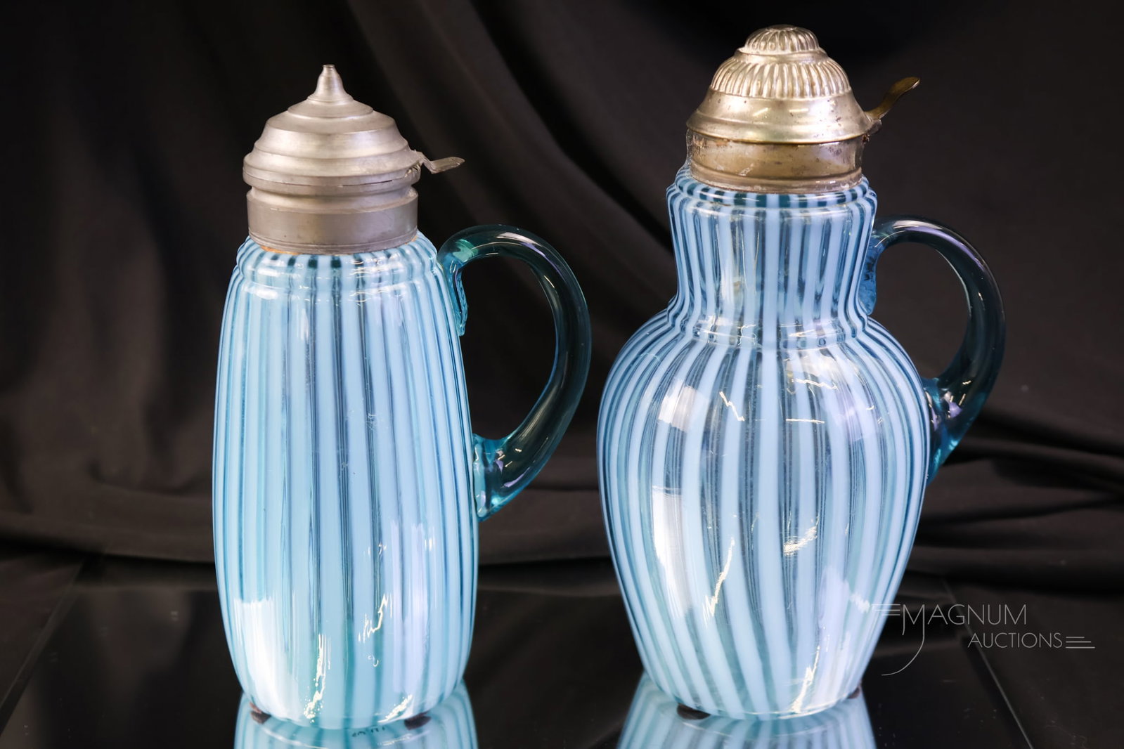 2 pc Lot Blue Opalescent Victorian Glass Syrup Pitchers (1 of 5)