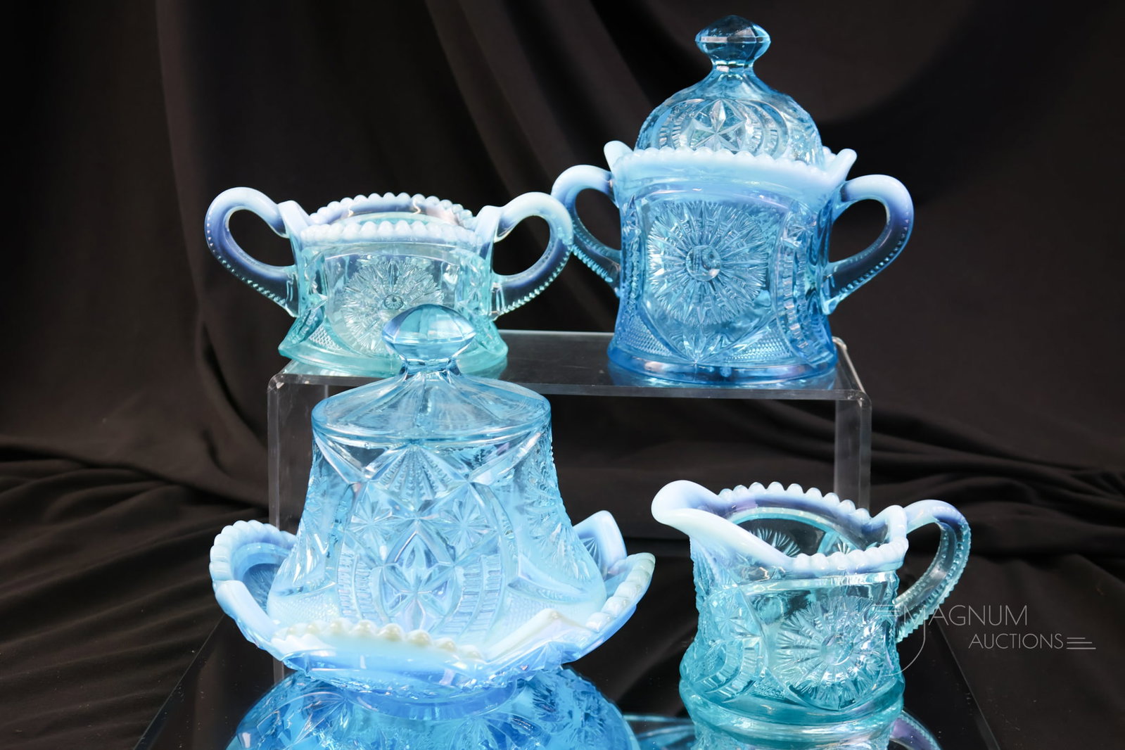 4 pc Northwood Blue Opalescent Sunburst on Shield Victorian Table Set (1 of 13)