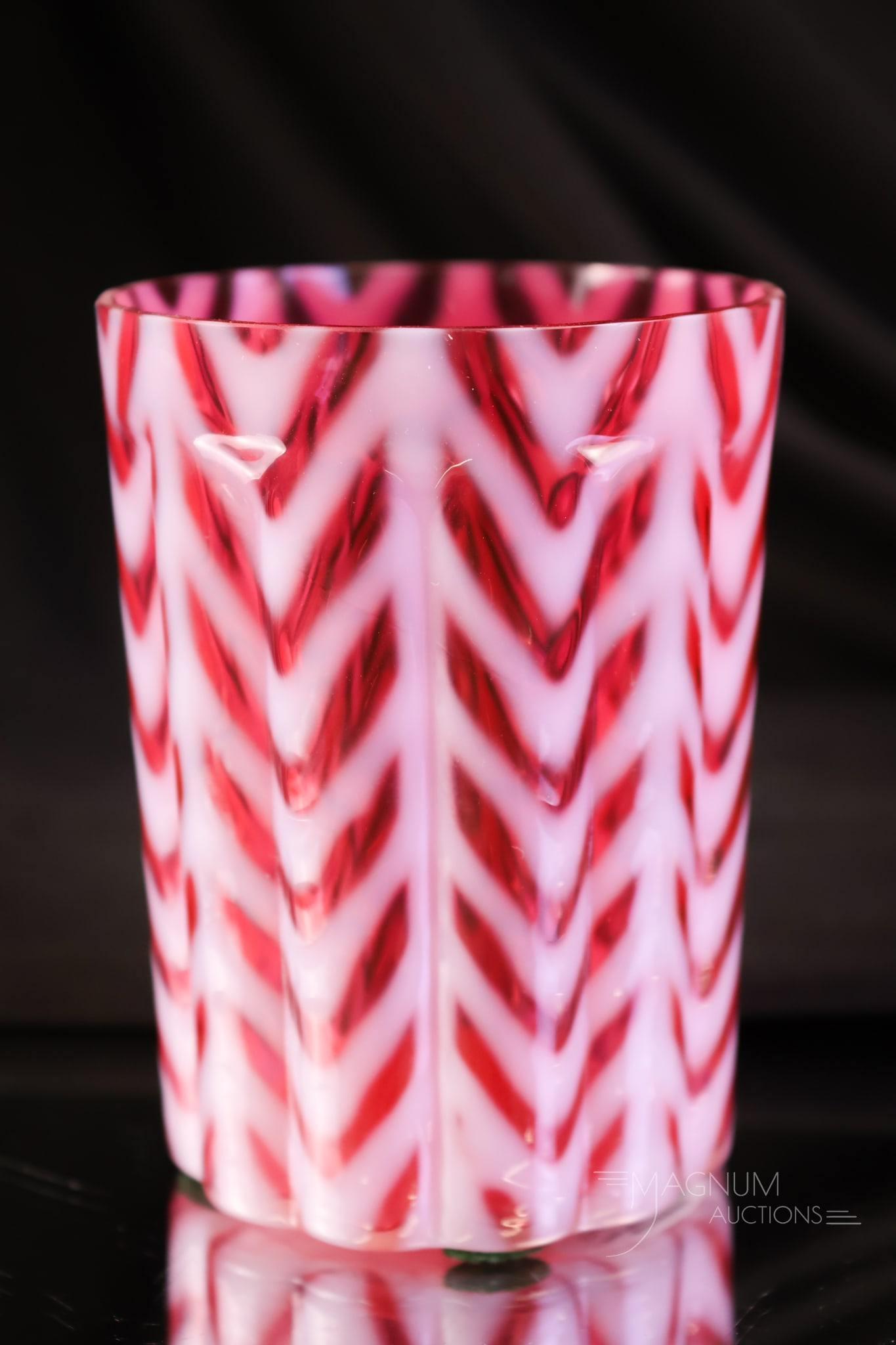 Rare Cranberry Opalescent Melon Ribbed Chevron Victorian Glass Tumbler (1 of 6)