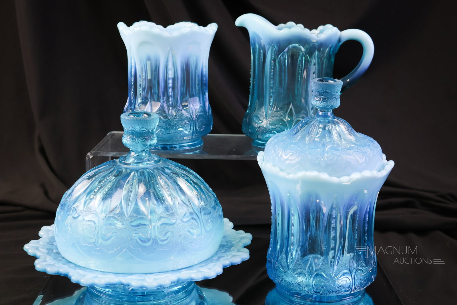 4 pc Jefferson Iris Meander Victorian Opalescent Glass Table Set: A striking blue opalescent jefferson Glass Iris with Meander table set. This four-piece offering is complete and showy! The tallest measures 7 1/2".