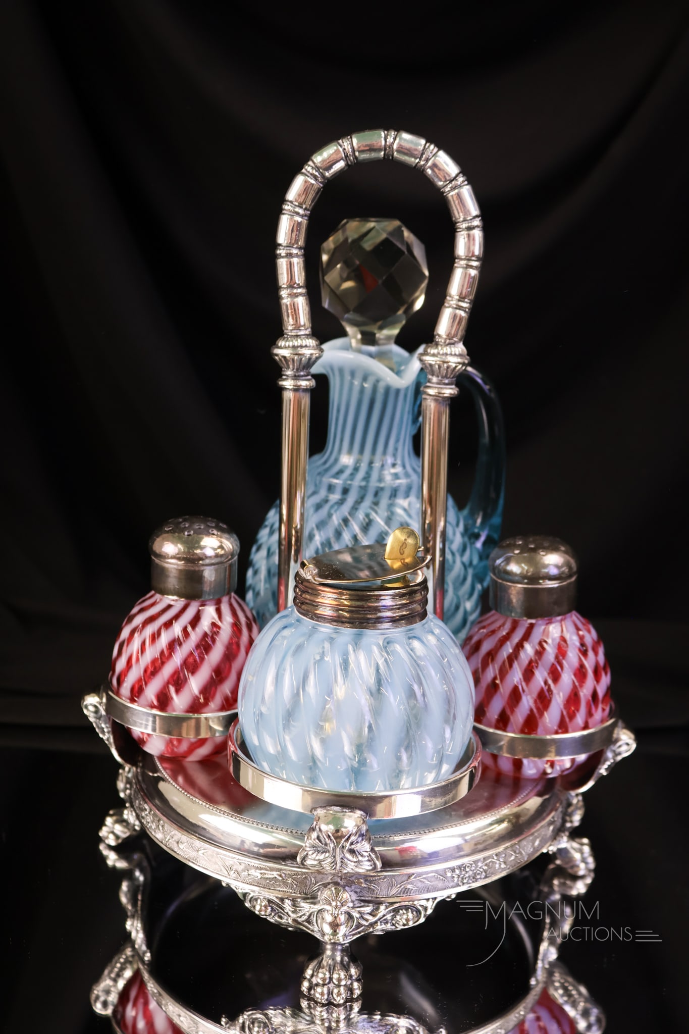 Barbour Bros Opalescent Reverse Swirl Condiment Cruet Castor: A beautiful offering of Victorian glass and silverplate. This is a signed Barbour Bros. silverplate holder, complete with Reverse Swirl pattern opalescent glass. The set features a blue cruet and must