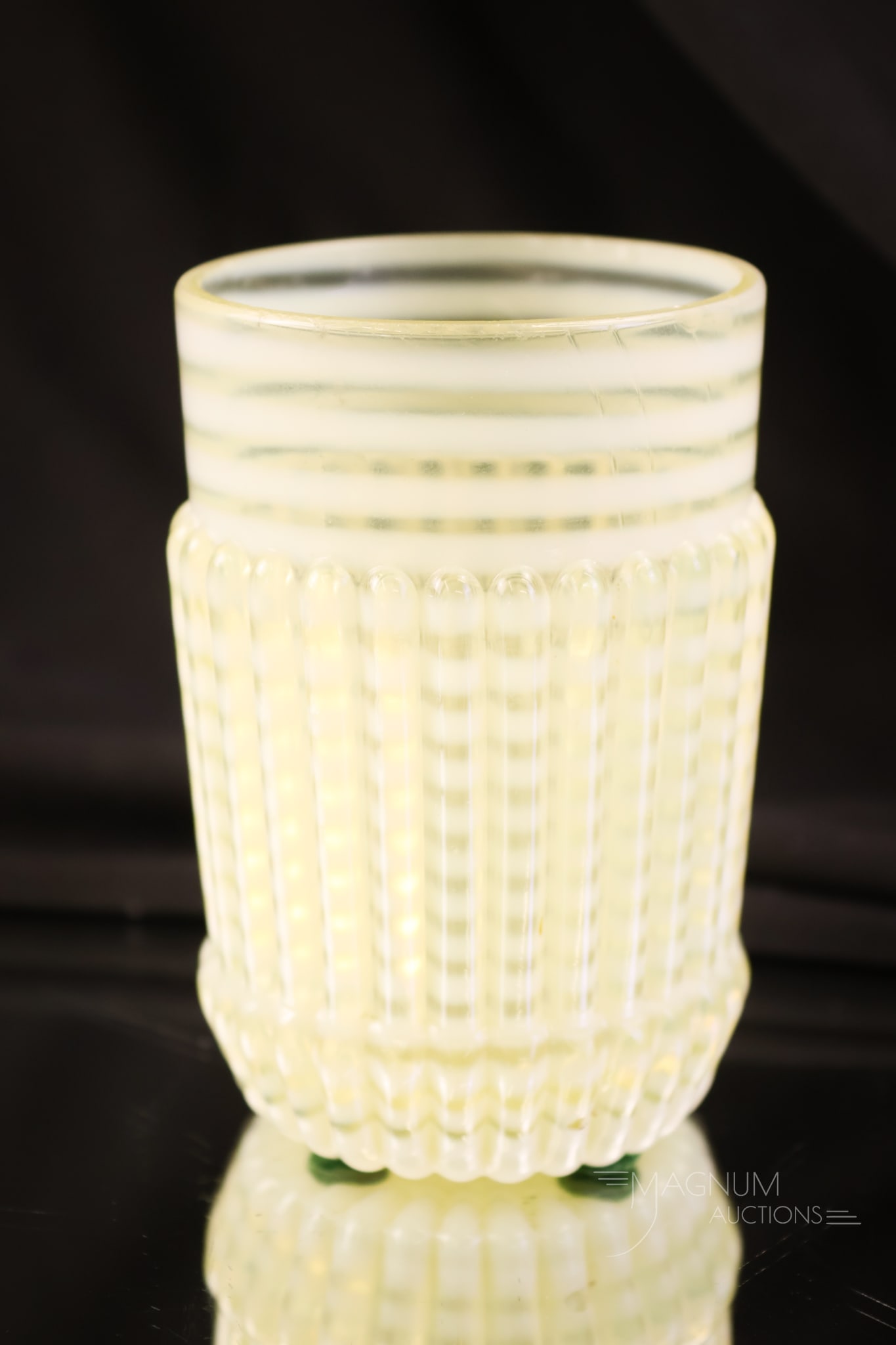 Exceptionally Rare Victorian Northwood Vaseline Opalescent Ribbed Opal Rings Tumbler Uranium: Folks, this is an exceptionally rare and one of only two known Northwood Ribbed Opal Rings pattern tumblers. This superb find has excellent opal and coloring, and it glows under black light due to its