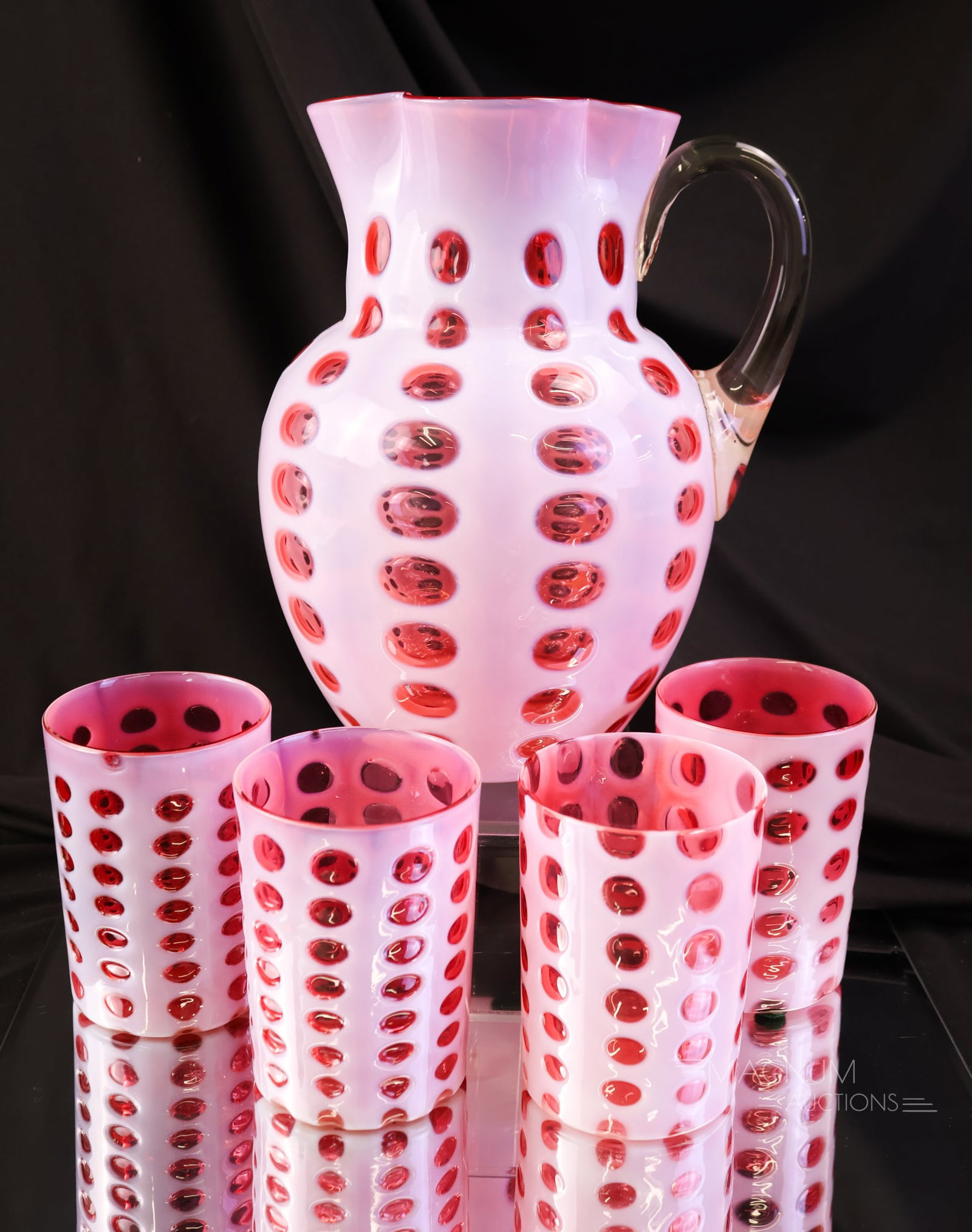 5 pc Victorian Cranberry Opalescent Glass Polka Dot Water Set (1 of 9)