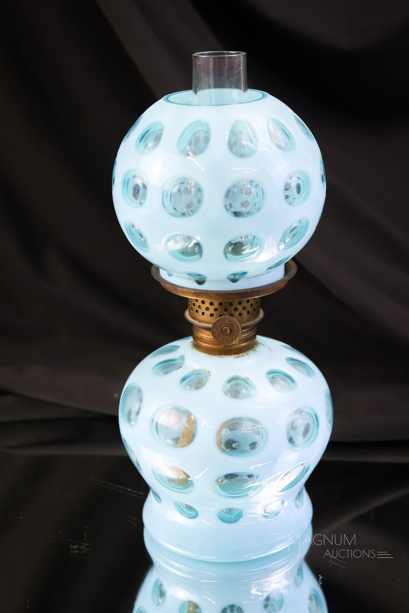 Victorian Blue Opalescent Glass Polka Dot Miniature Oil Lamp (1 of 6)