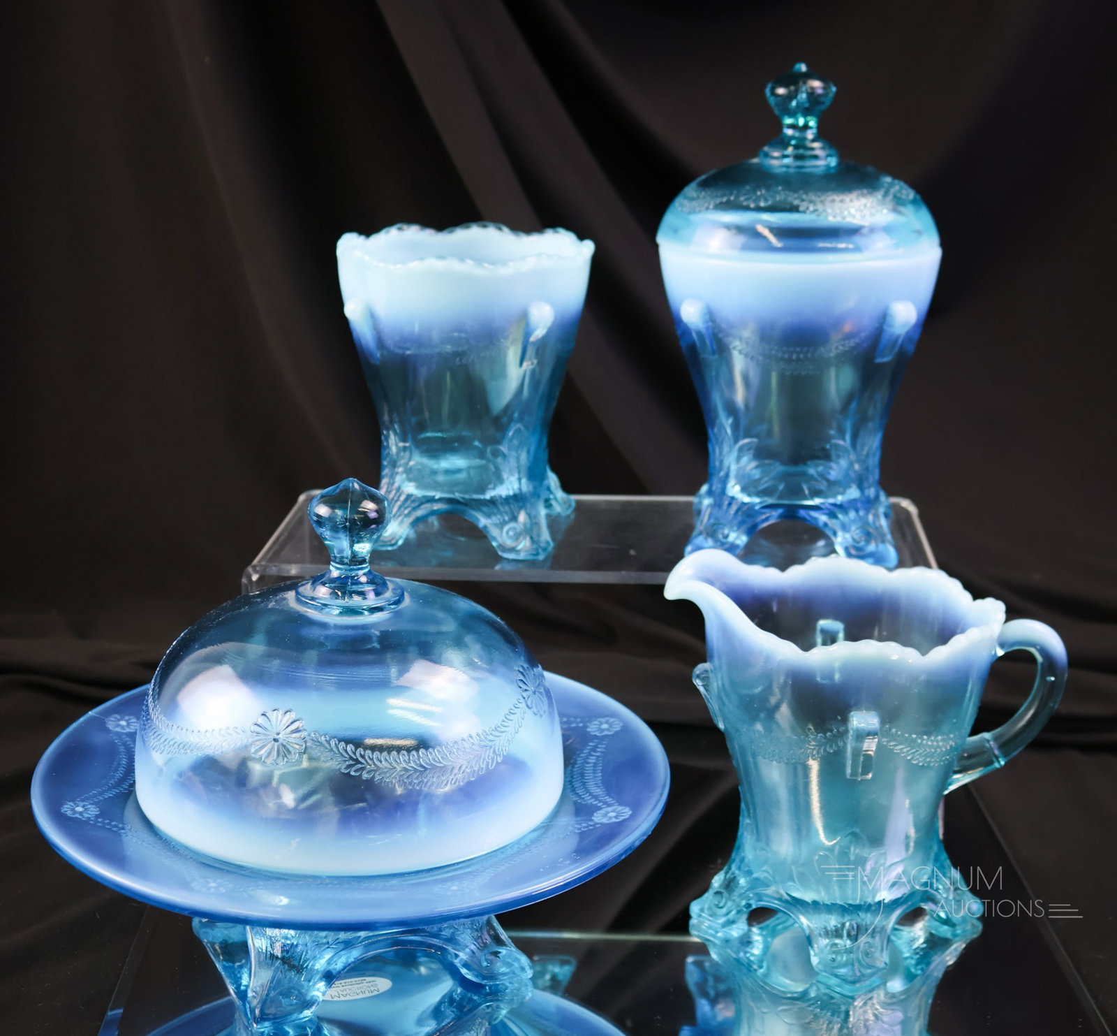4 pc Jefferson Swag & Bracket Blue Opalescent Victorian Glass Table Set (1 of 13)
