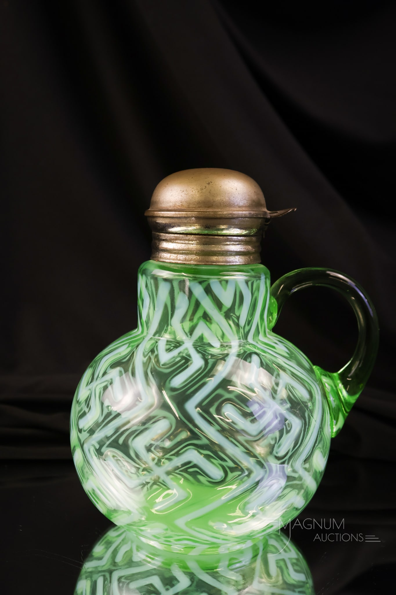 Rare Northwood Green Opalescent Victorian Glass Swastika Uranium Syrup Pitcher (1 of 8)