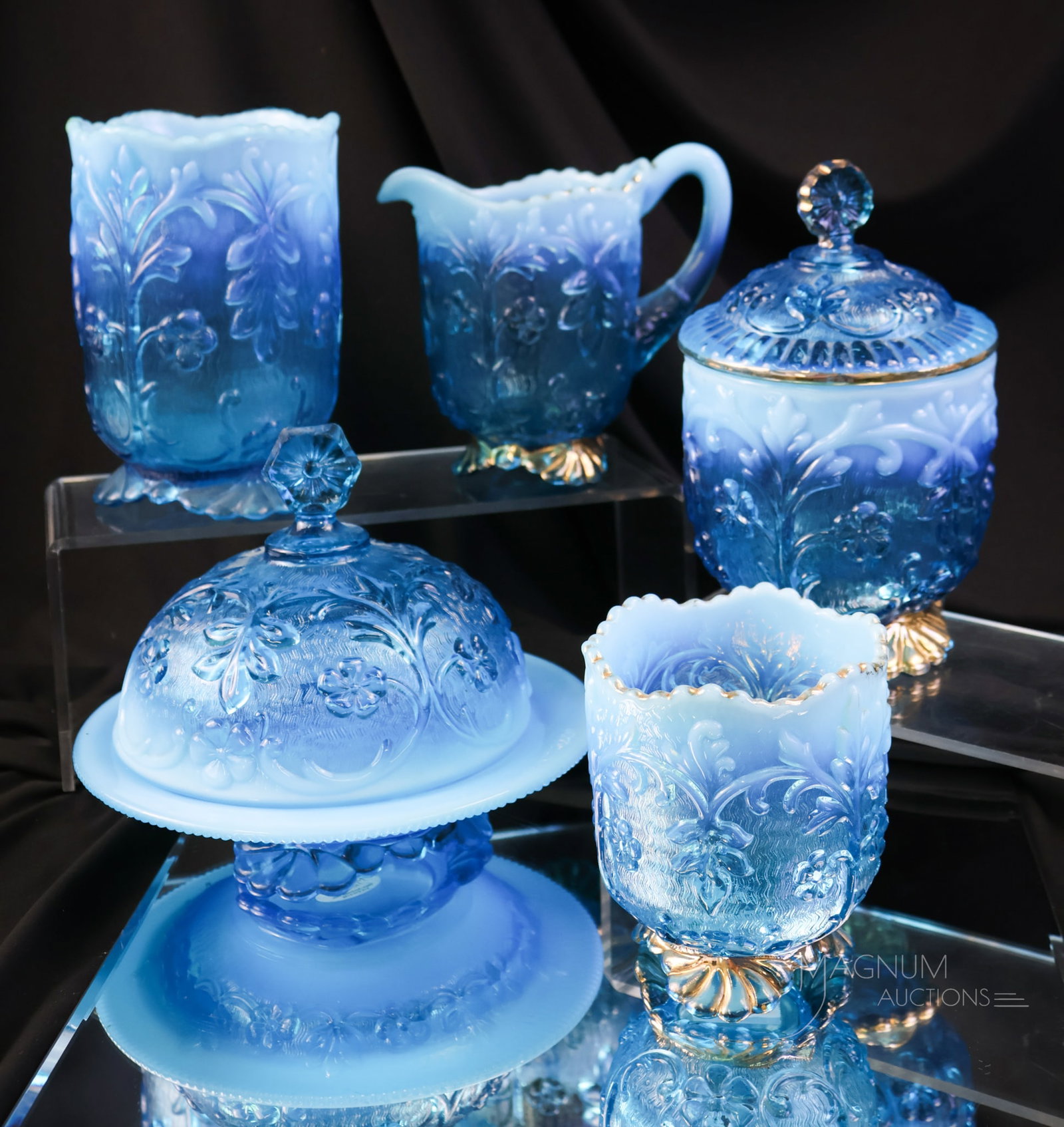 5 pc Lot Blue Opalescent Victorian Glass Flora Table Set & More: A five-piece lot of blue opalescent Victorian glass for your bidding pleasure. This lot includes a four-piece table set along with a celery vase. Bright blue opal coloring makes this a must-have set. 