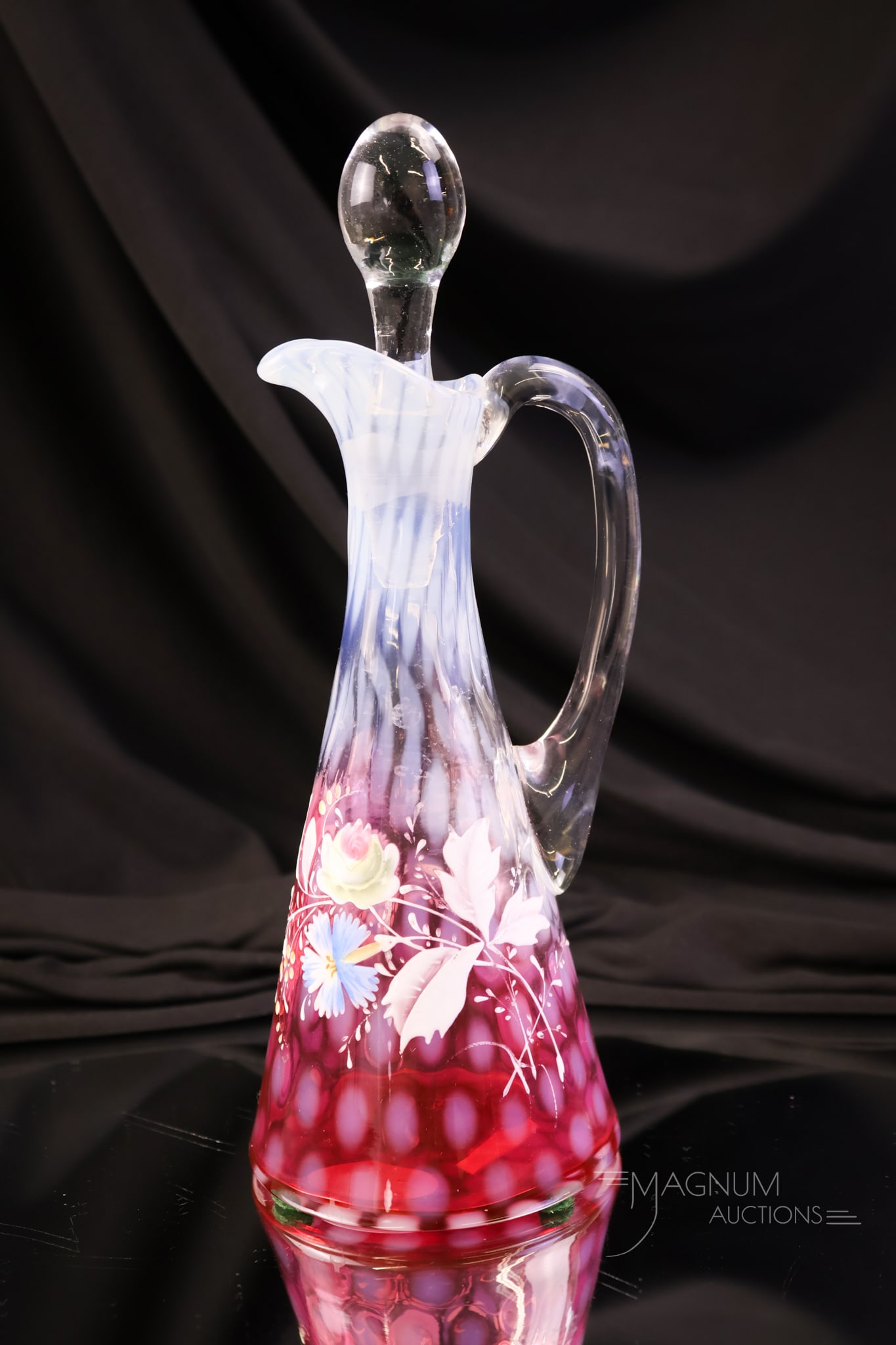 Rare Phoenix Cranberry Rubina Enameled Opalescent Victorian Glass Cruet Plate Piece (1 of 6)