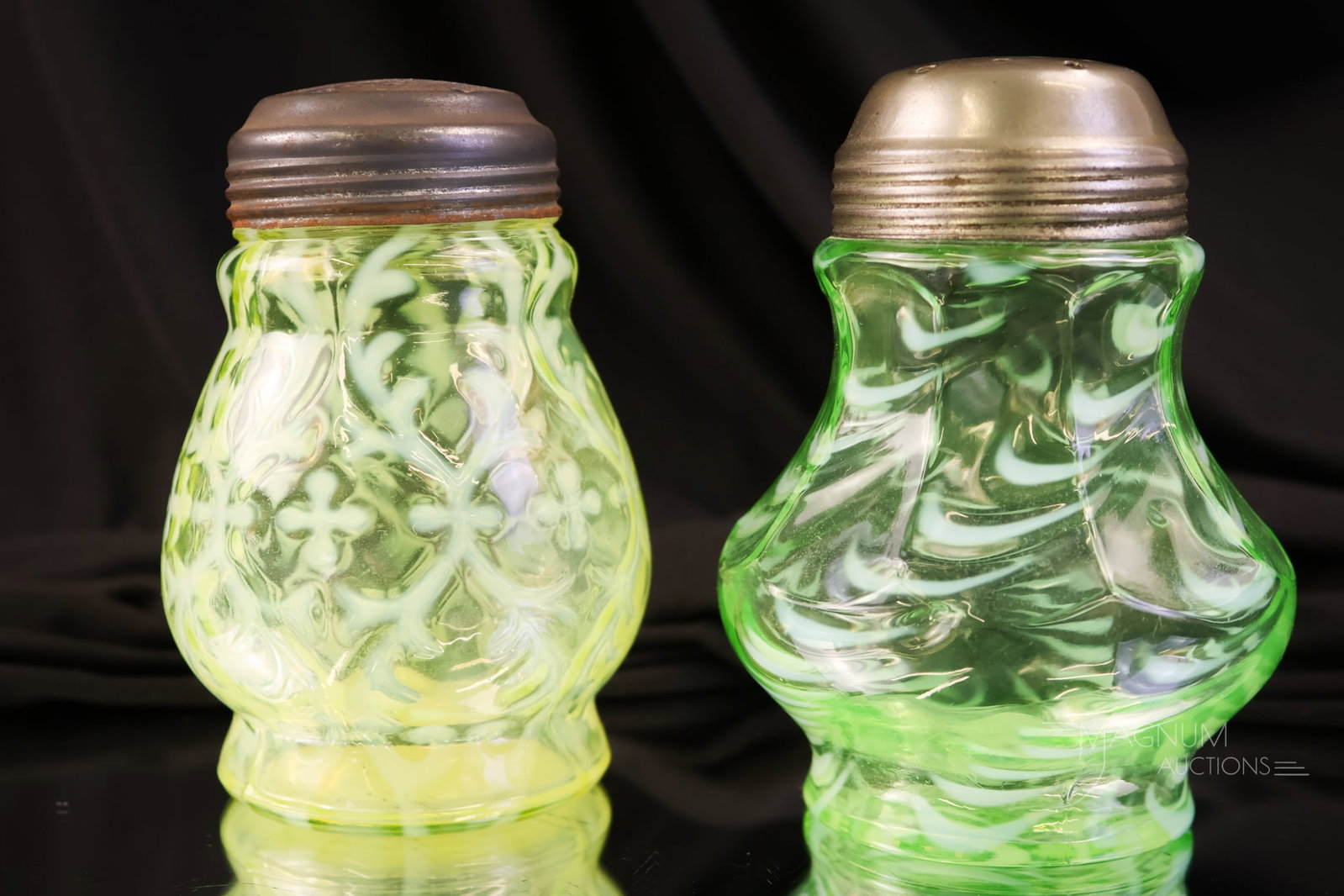 2 pc Lot Uranium Vaseline Green Opalescent Victorian Glass Sugar Shakers (1 of 5)