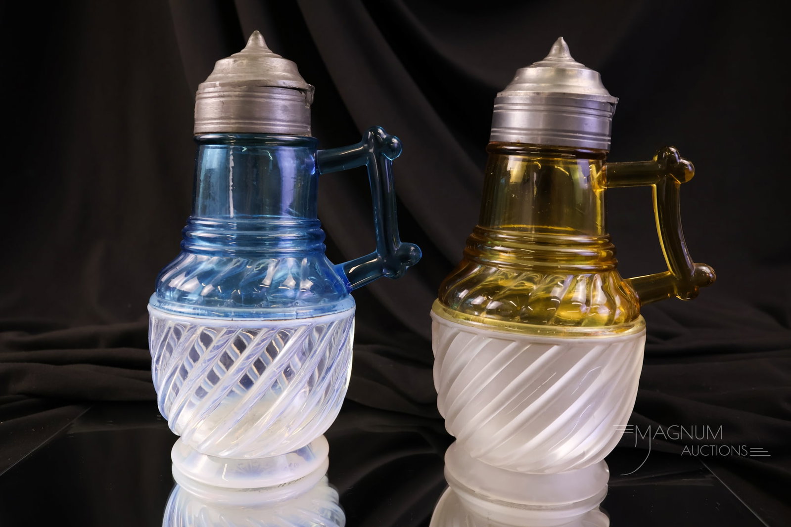 2 pc Lot Victorian Gonterman Swirl Opalescent Satin Glass Syrup Pitchers (1 of 8)