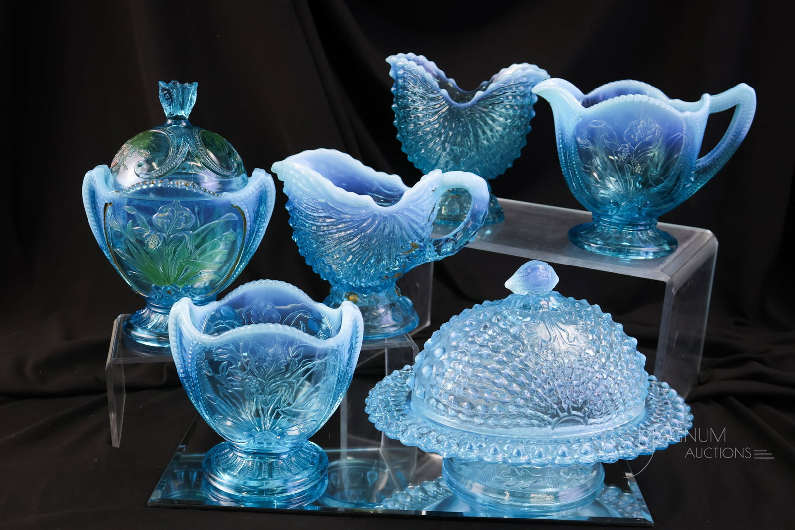 6 pc Lot Blue Opalescent Northwood Victorian Glass (1 of 15)