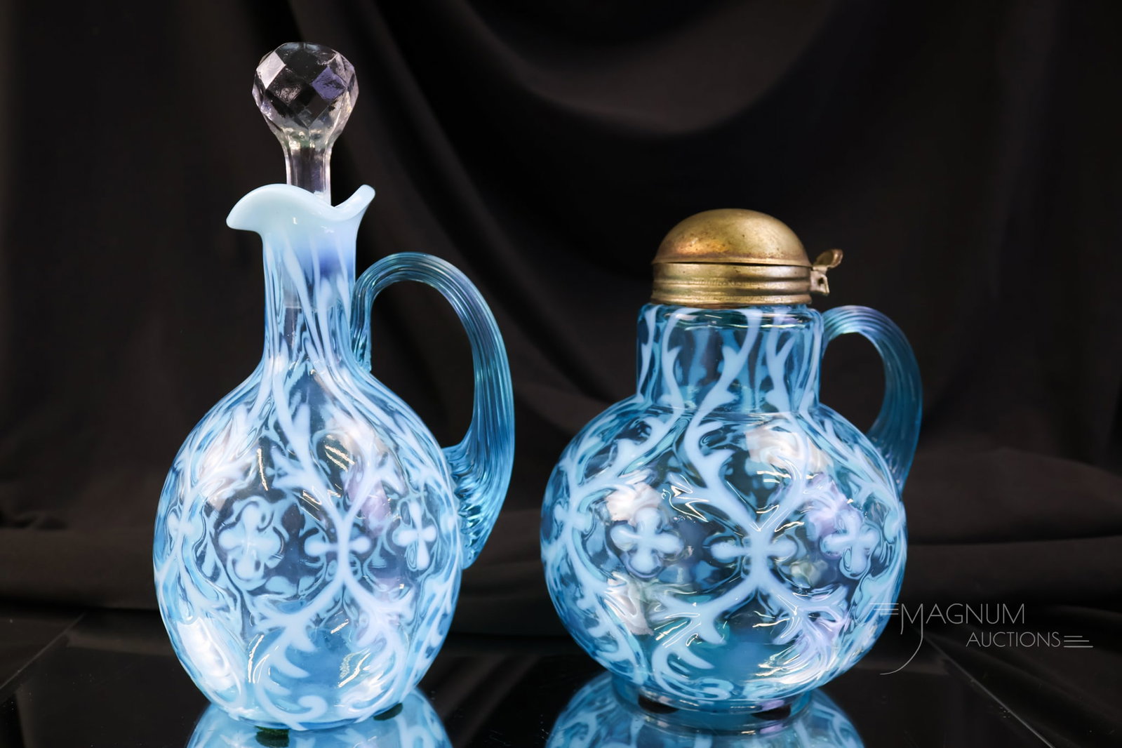 2 pc Lot Northwood Blue Opalescent Victorian Glass Spanish Lace Syrup & Cruet (1 of 12)