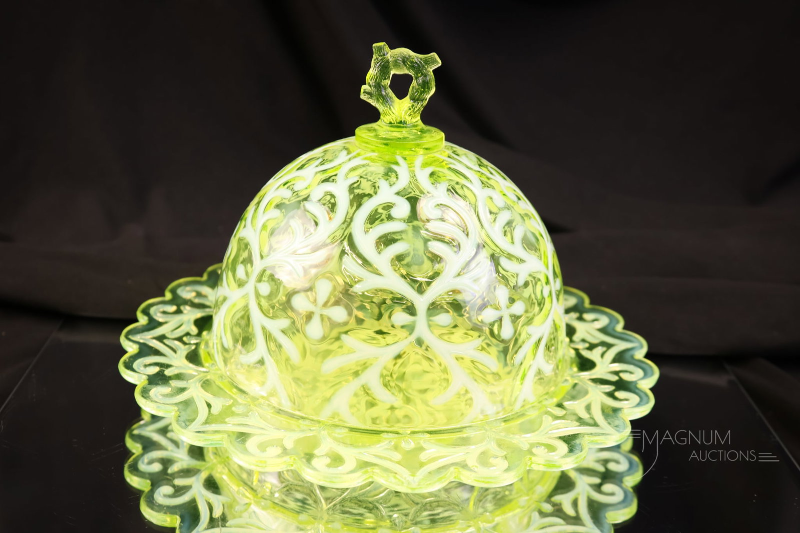 Northwood Vaseline Opalescent Uranium Victorian Spanish Lace Butter Dish (1 of 9)