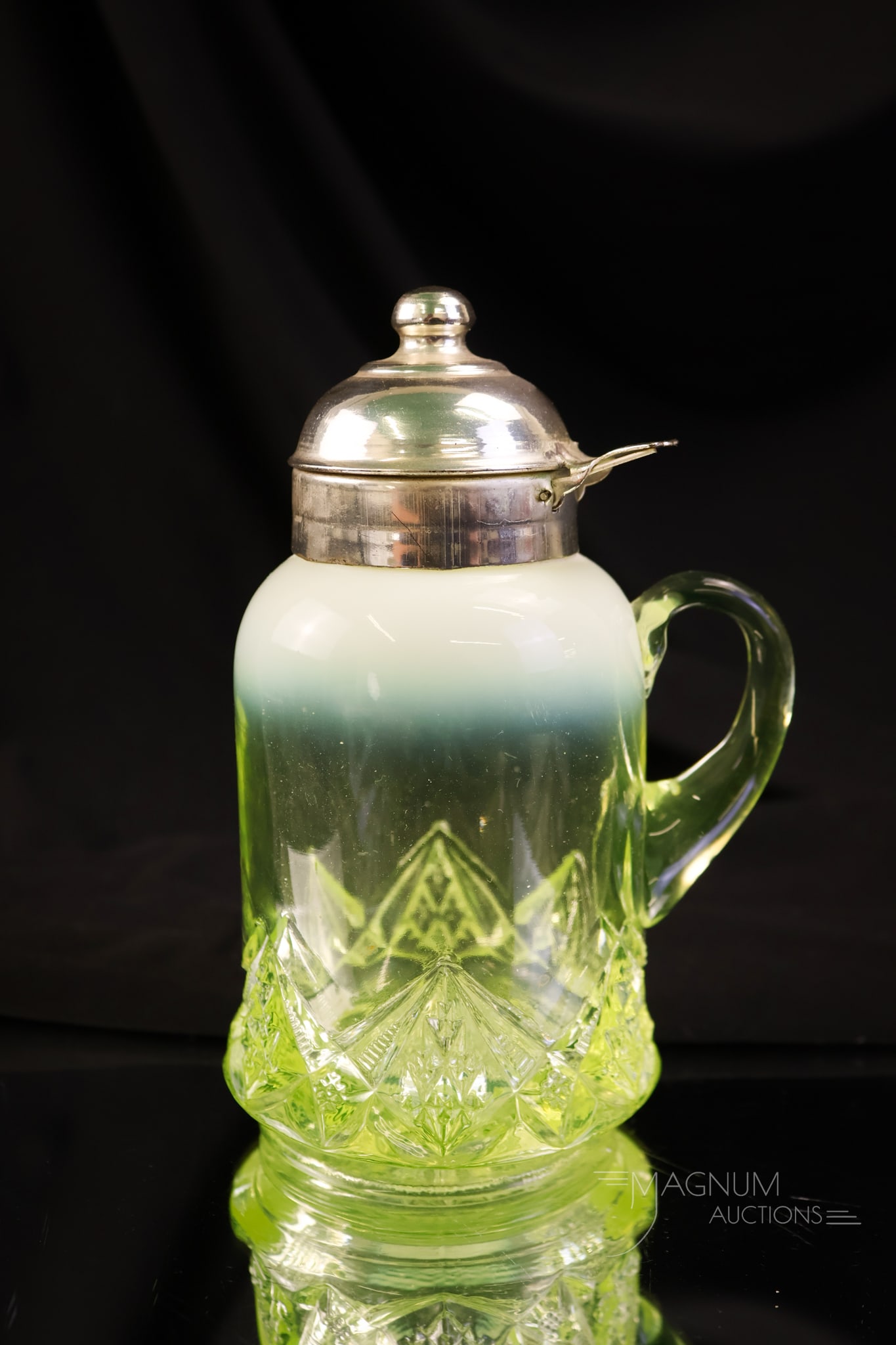 Northwood National Vaseline Uranium Opalescent Diamond Spearhead Victorian Syrup Pitcher (1 of 8)