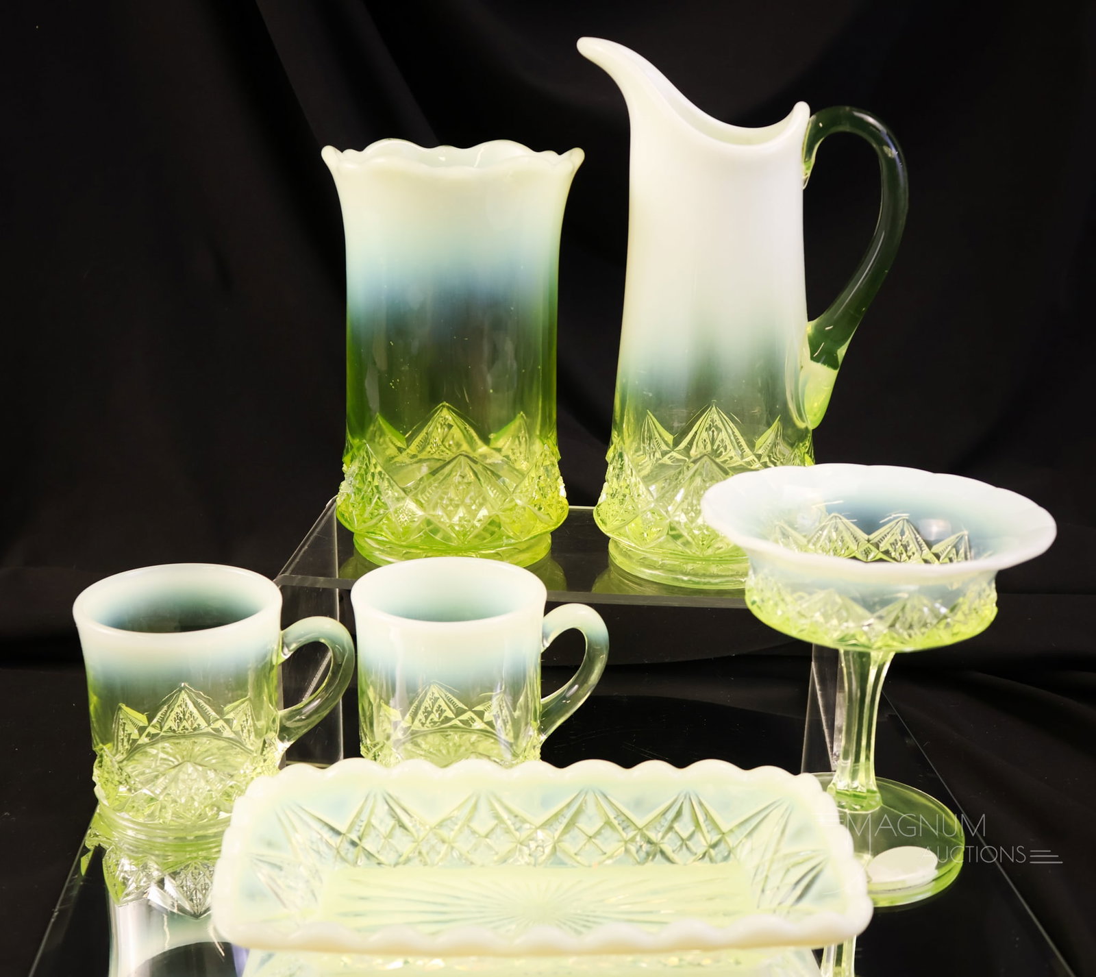 6 pc Lot Northwood National Vaseline Uranium Opalescent Diamond Spearhead Victorian Glass (1 of 10)