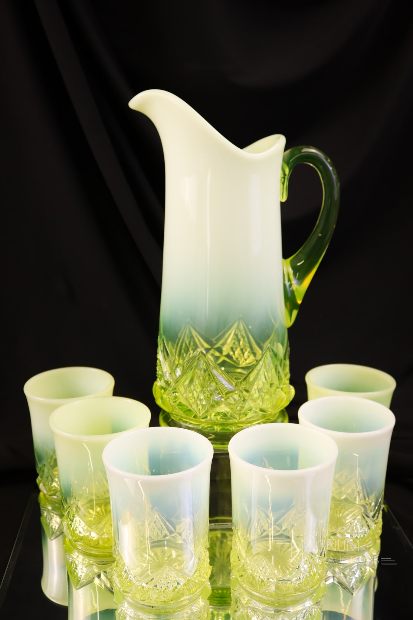 7 pc Northwood National Vaseline Uranium Opalescent Diamond Glass Spearhead Water Set: A beautiful and complete seven-piece water set in the Victorian Northwood/National Diamond Spearhead pattern glass. This set is in glowing uranium-rich vaseline glass. Each piece is gorgeous. The tall
