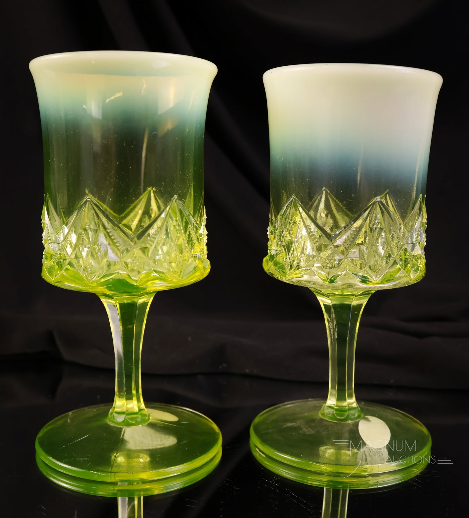 2 pc Lot Victorian Northwood National Vaseline Uranium Glass Water Goblets (1 of 6)