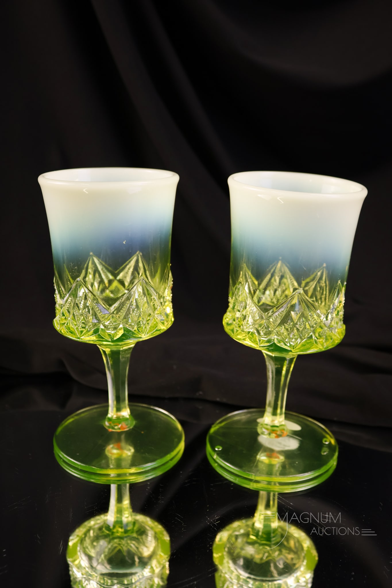 2 pc Lot Northwood National Vaseline Opalescent Uranium Diamond Spearhead Water Goblets (1 of 5)
