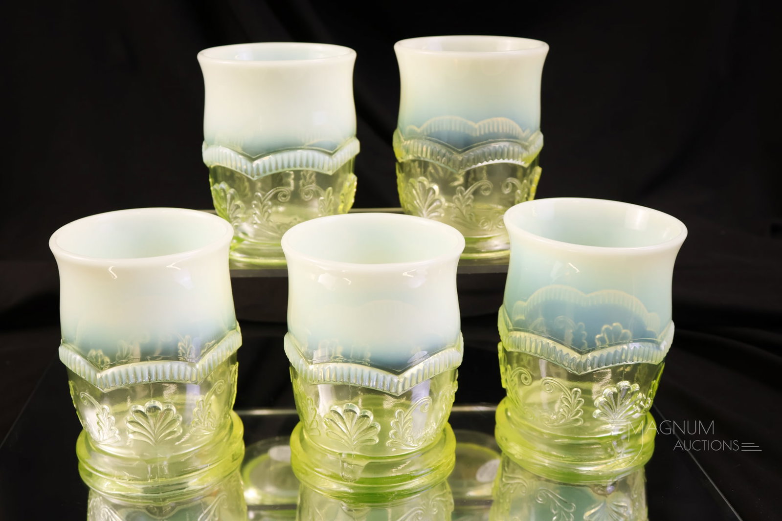 5 pc Lot Albany Vaseline Opalescent Glass Victorian Tumblers: Here is just what you need to complete your water set. This is a set of five Victorian Albany glass Wreath & Shell or Manila vaseline uranium opalescent tumblers. Each measures 3 1/2" tall and 3" wide