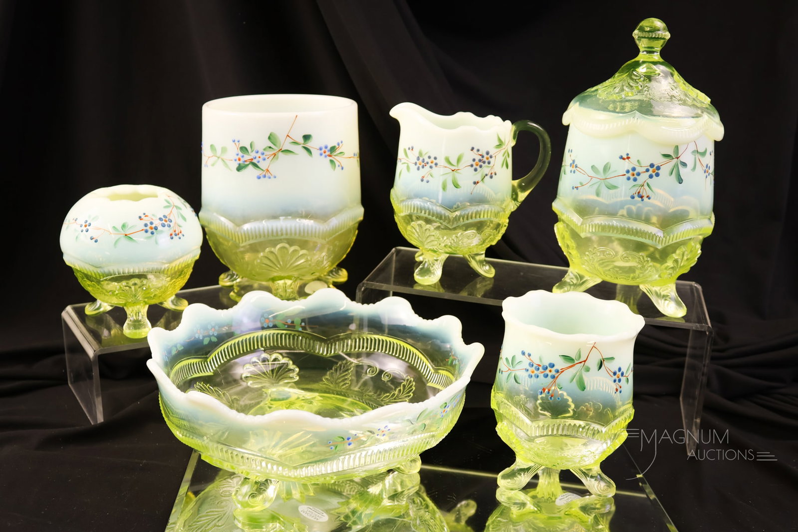 6 pc Lot Vaseline Opalescent Uranium Albany Wreath & Shell Victorian Glass: A more than generous amount of Victorian vaseline uranium opalescent glass for your bidding pleasure. This lot includes various forms of Albany glass Wreath & Shell pattern. One nice piece after the n